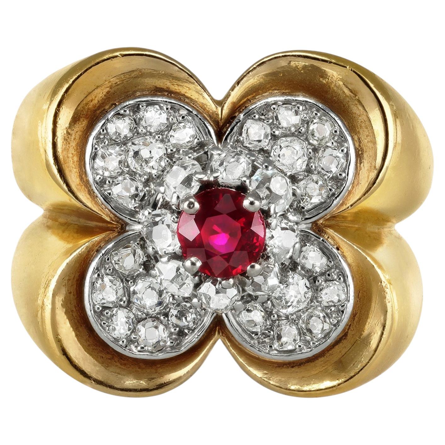 Van Cleef & Arpels Natural Unenhanced Ruby and Diamond Ring, circa 1945 For Sale