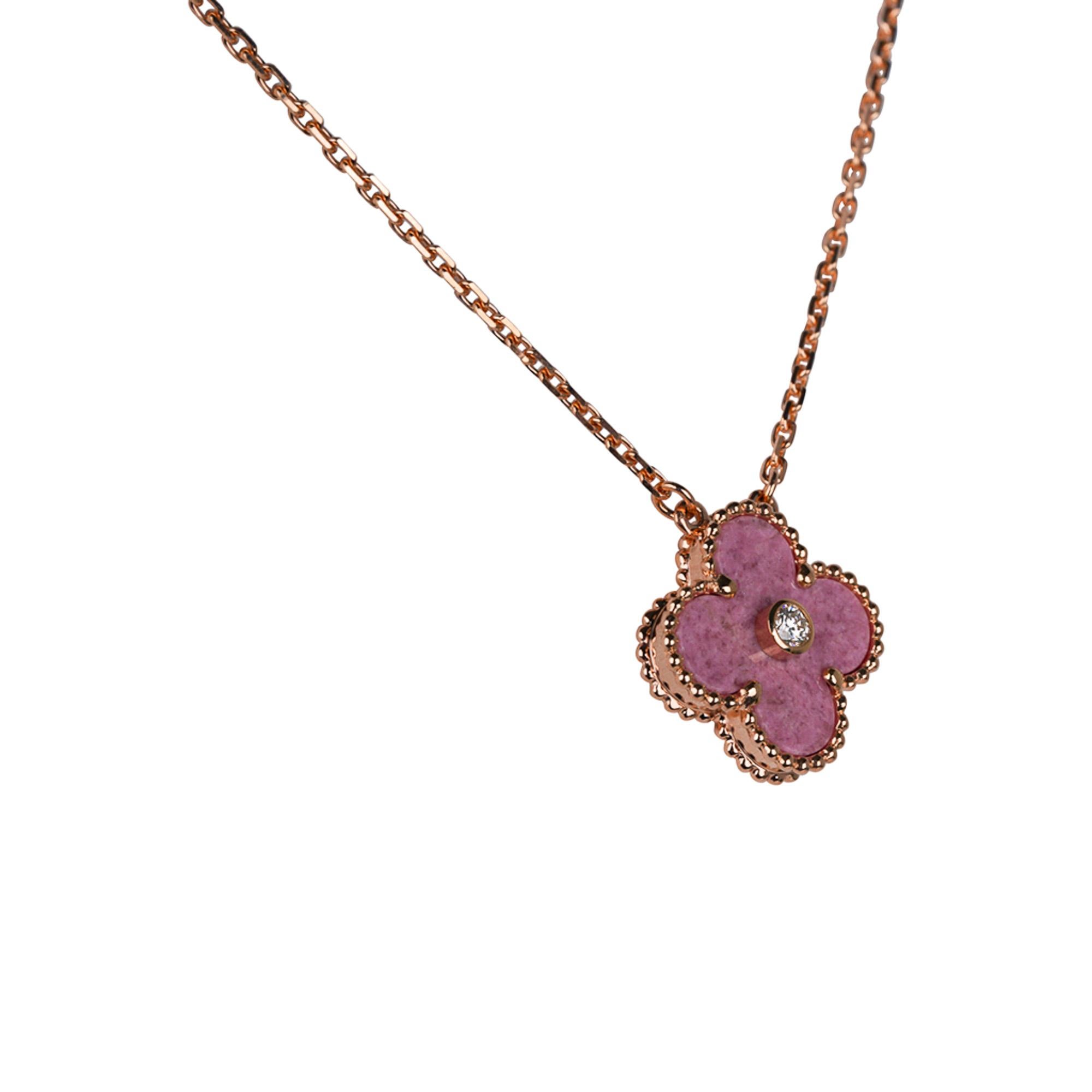 Mightychic offers a Van Cleef & Arpels Vintage Alhambra 2021 Limited Edition Holiday Pendant.
Highly collectible, this necklace is crafted in beautiful soft pink Rhodonite stone with a .05 carat brilliant cut diamond in the center.
Accentuated in