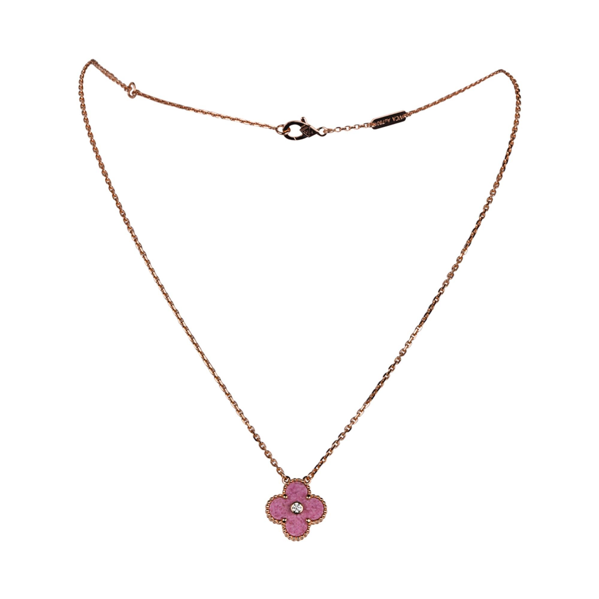 Van Cleef & Arpels Necklace 2021 Holiday Rhodonite Alhambra Diamond Ltd Ed Rose  In New Condition In Miami, FL