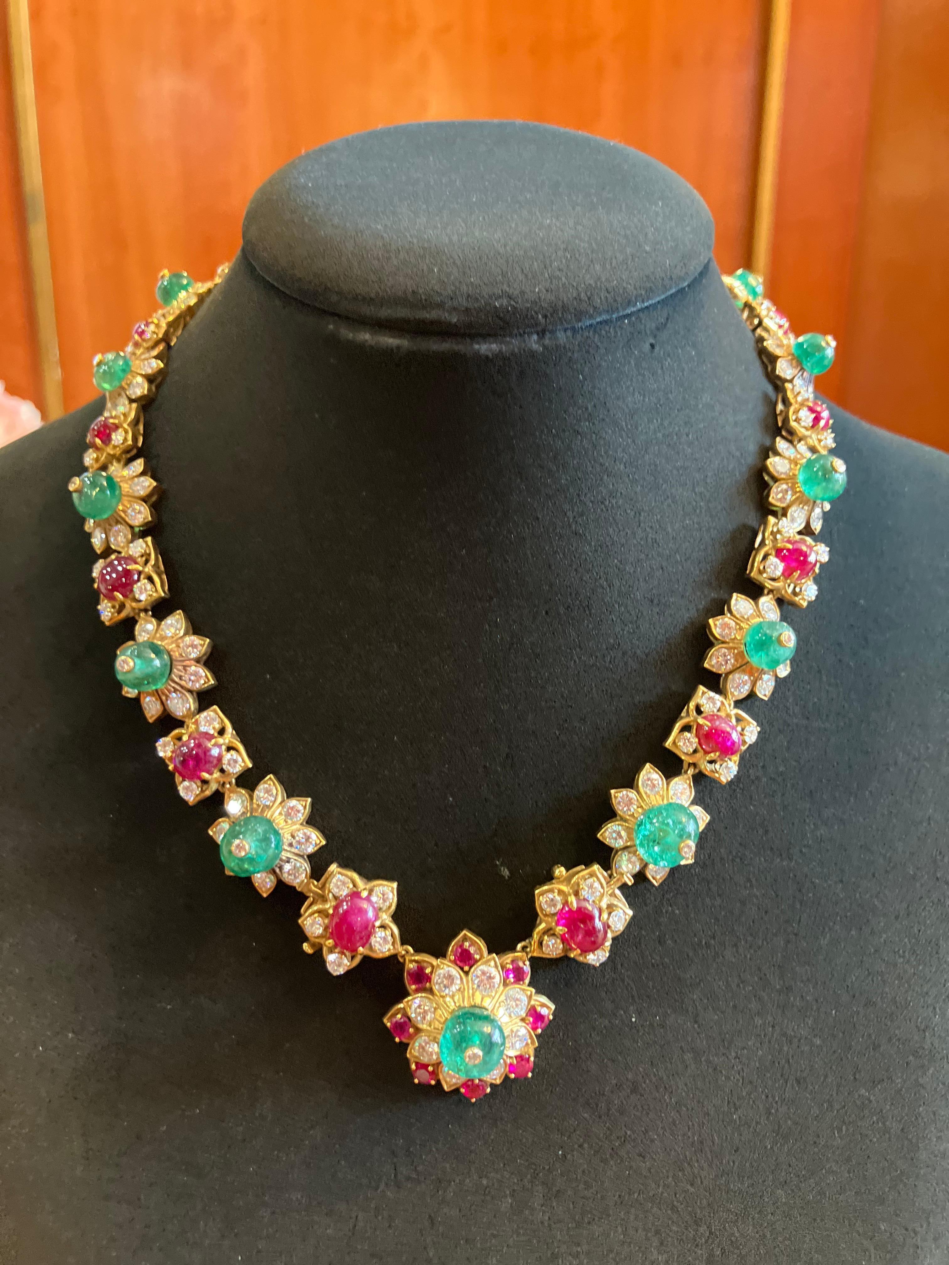 Magnificent Multi Color Van Cleef & Arpels Necklace Bracelet and Pendant Combination.  

-!5 Cabochon-Cut Rubies approximately 15 Ct. 
-15 Emerald Beads 44 Ct.
- Aprox. 197 Diamonds 15 Ct.

*Price is only for 1stDibs Collaboration

