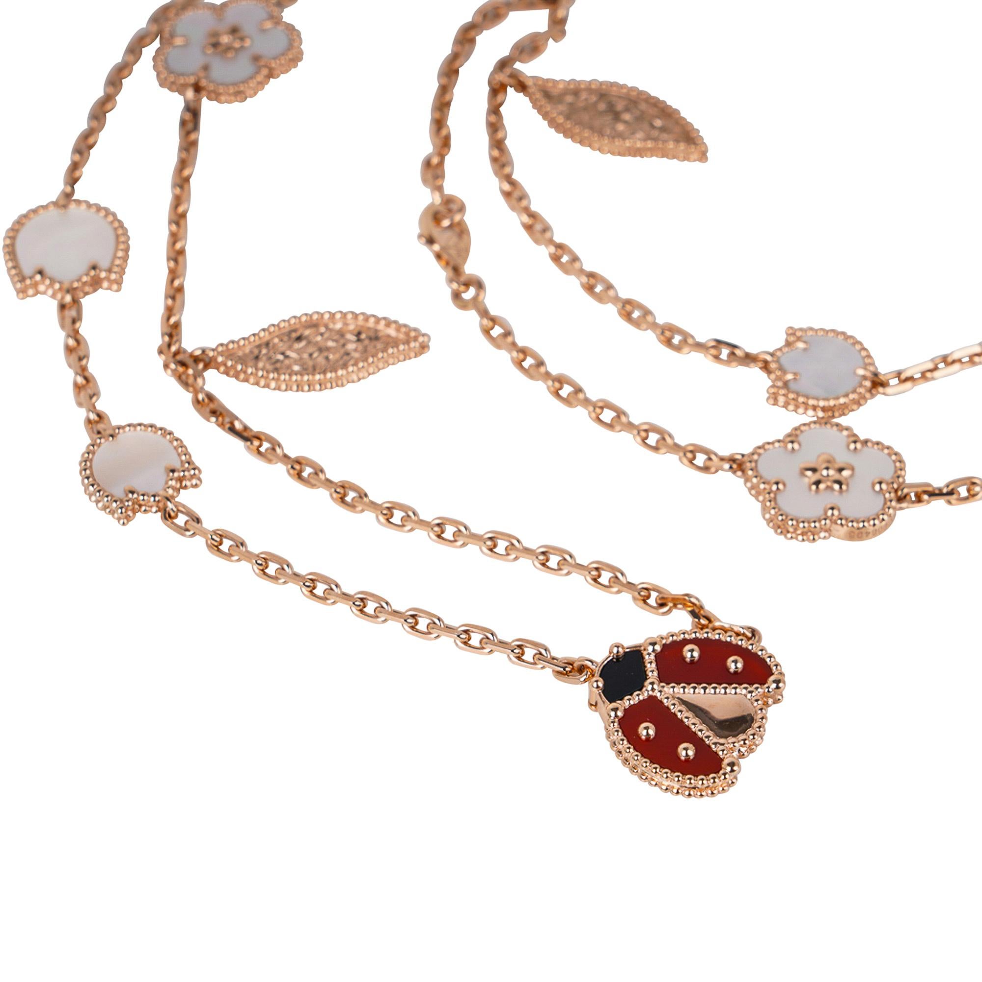Guaranteed authentic collectible Van Cleef & Arpels Lucky Spring long 15 Motif necklace.
Happy ladybugs, flower and leaf motifs features the Beauty and Hope of Spring.
Set in 18K Rose Gold with Carnelian, Onyx and Mother of Pearl.
Signature stamps