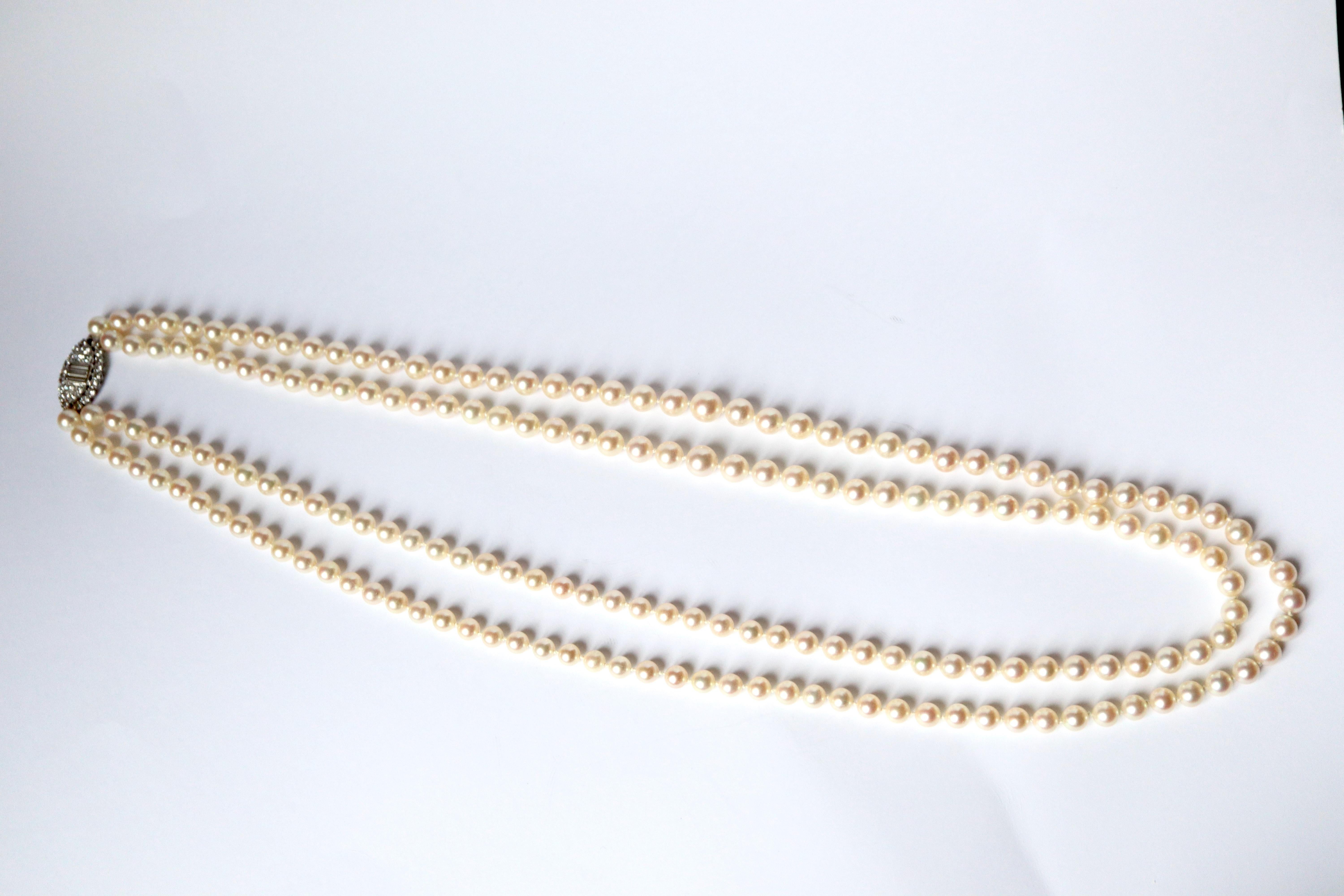 Baguette Cut Van Cleef & Arpels Necklace Sautoir Pearls Diamonds White Gold 18 Kt Platinum