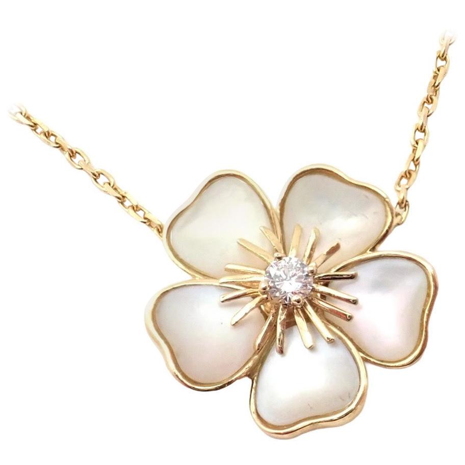 Van Cleef & Arpels Nerval Mother of Pearl Diamond Gold Flower Pendant Necklace