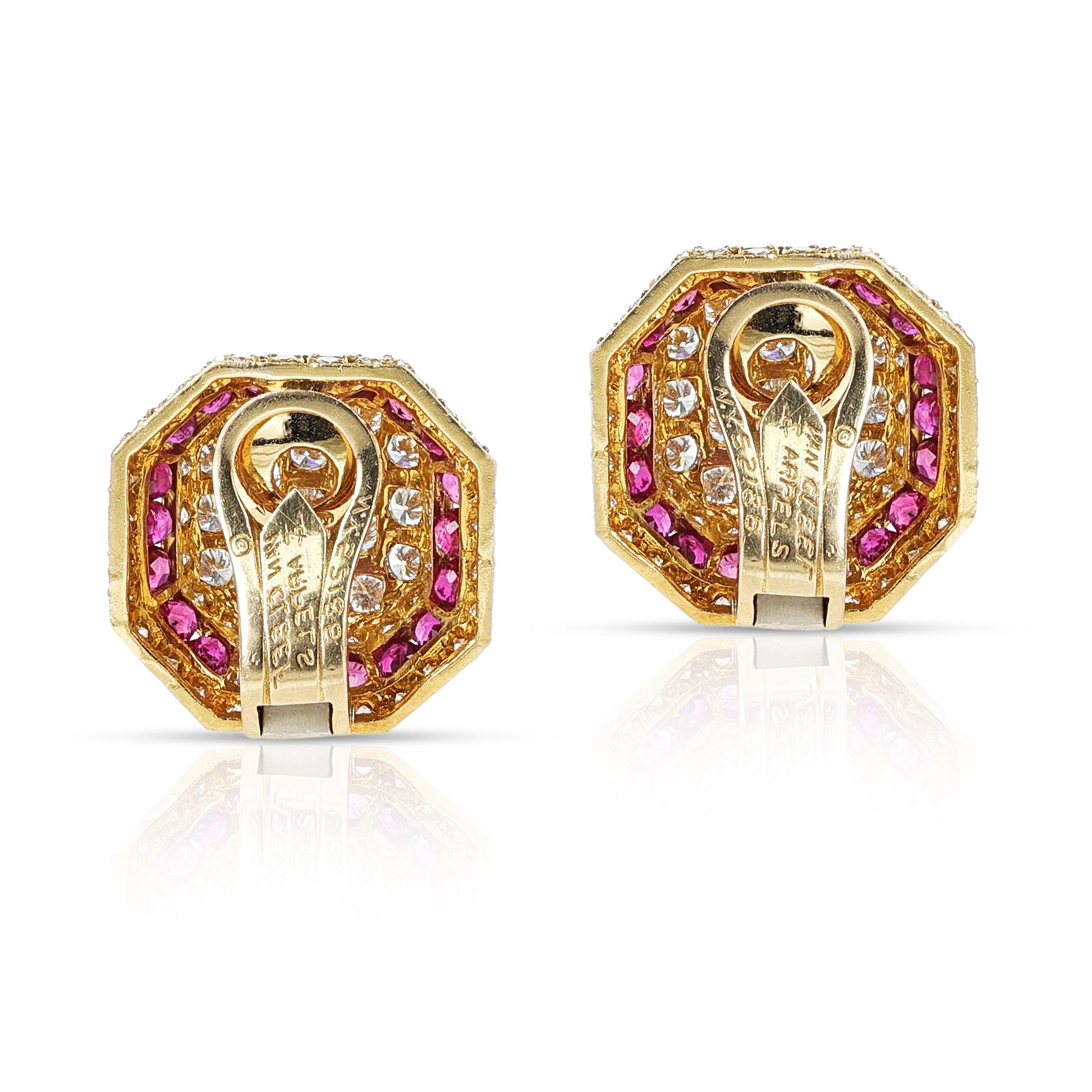 Round Cut Van Cleef & Arpels Octagonal Shape Ruby and Diamond Earrings, 18K For Sale