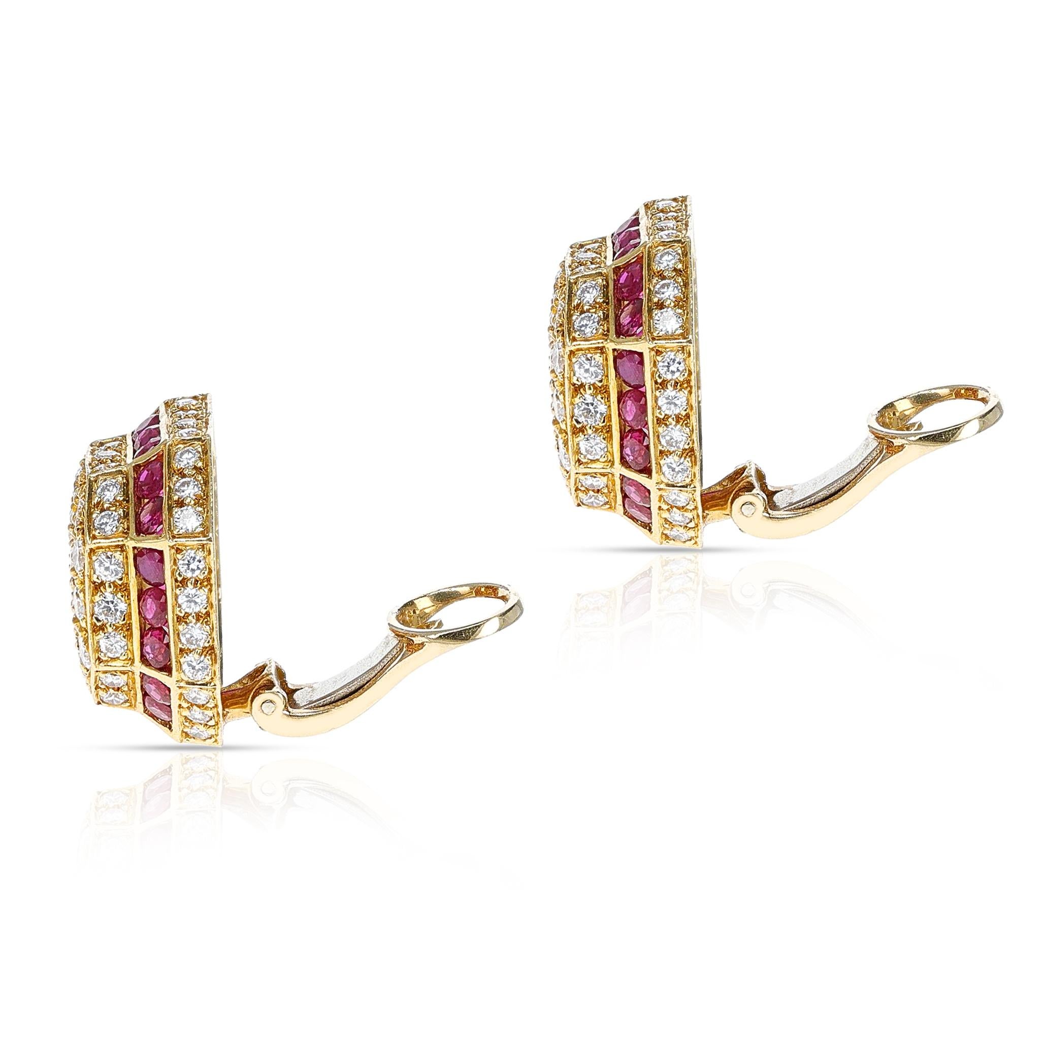 Women's or Men's Van Cleef & Arpels Octagonal Shape Ruby and Diamond Earrings, 18K For Sale
