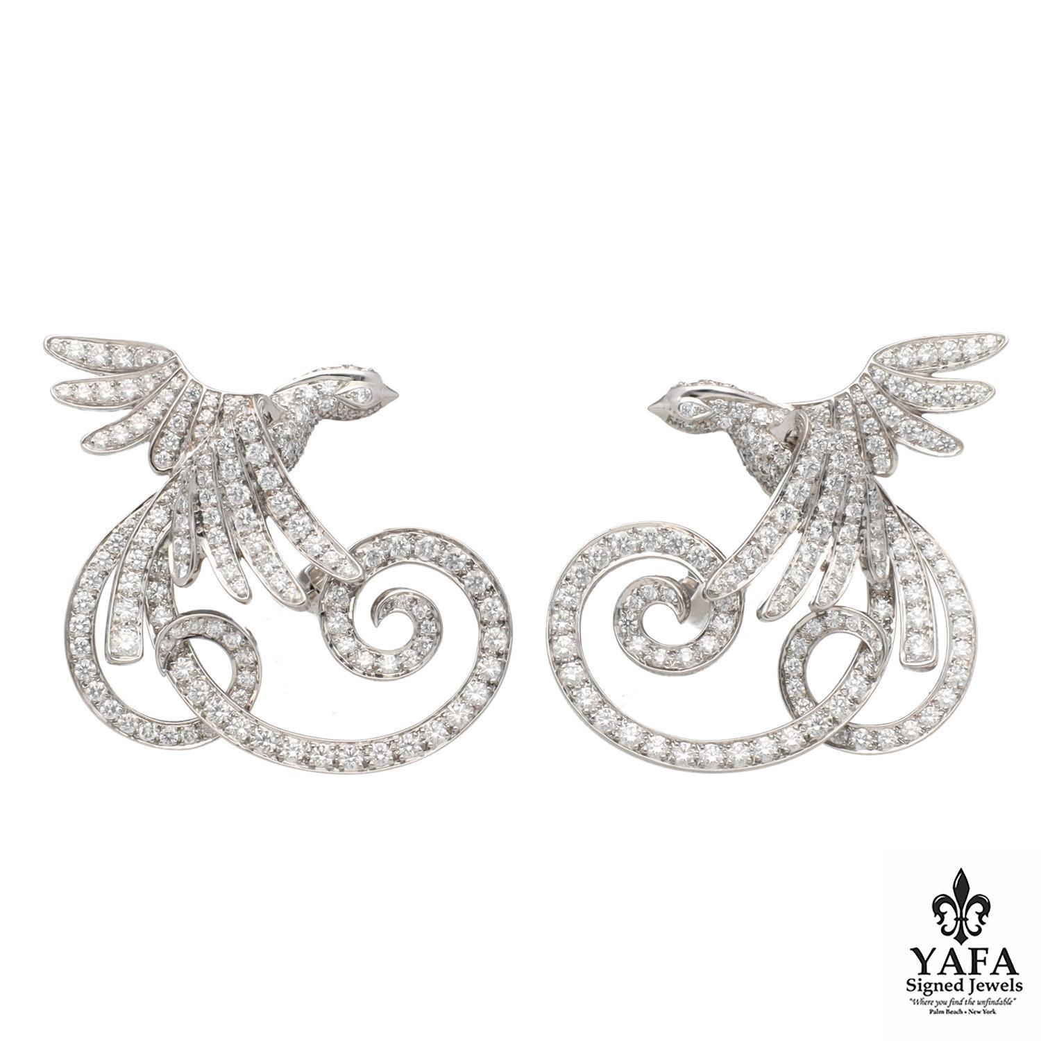 Van Cleef & Arpels Oiseaux de Paradis Earrings - 18K White Gold and Diamond Earrings are a dazzling and elegant representation of the brand's exquisite jewelry inspired by nature. 
Approximate diamond weight 4.02 CTS.
Signed - Van Cleef & Arpels