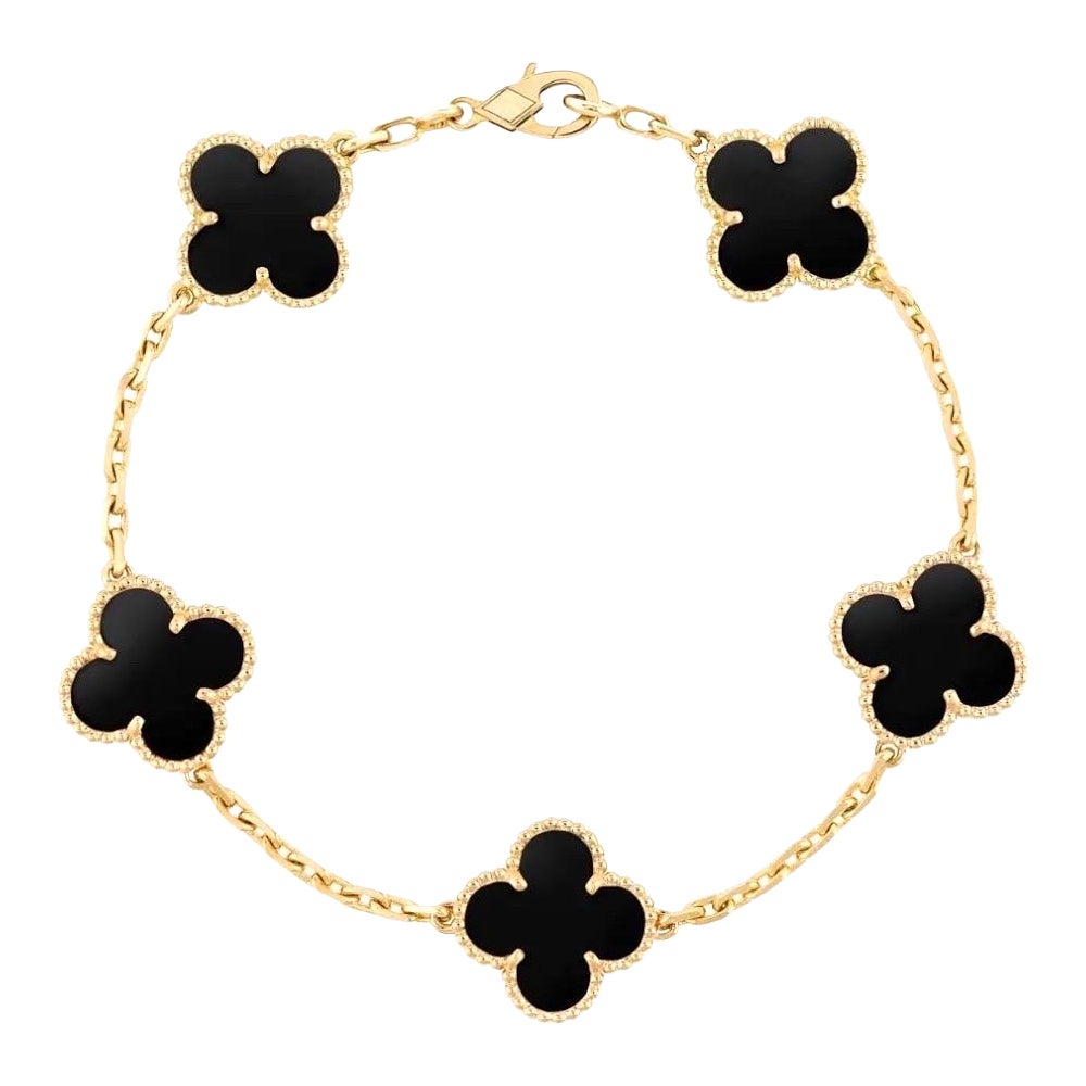 Van Cleef 
Arpels Onyx 18K Yellow Gold Alhambra Bracelet For Sale