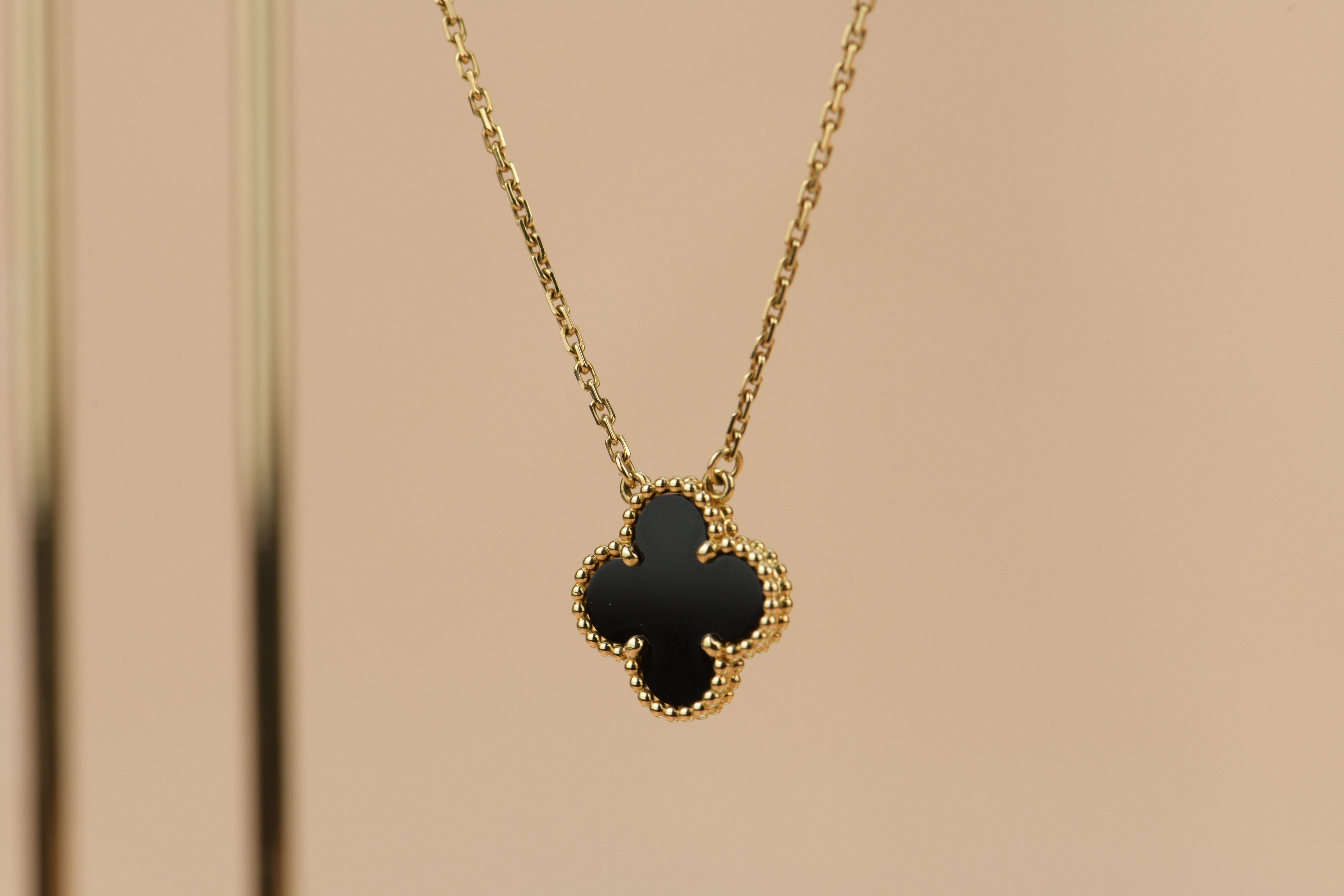 Uncut Van Cleef & Arpels Onyx Alhambra Pendant Necklace