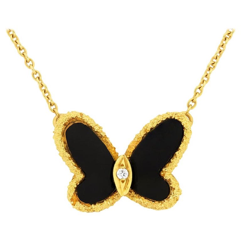 Van Cleef and Arpels Onyx and Diamond Butterfly Necklace at 1stDibs