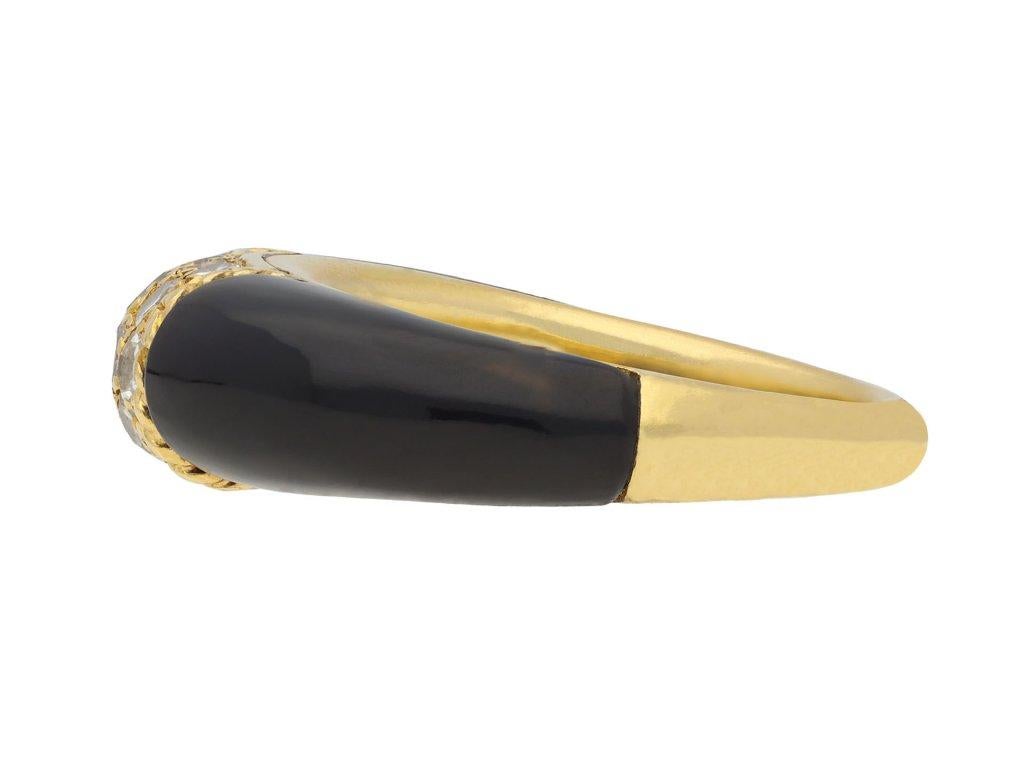 Van Cleef & Arpels onyx and diamond 'Philippine' ring. Set with eighteen round single cut diamonds in open back grain settings with an approximate total weight of 0.60 carats to a impressive bombé design featuring a central curving bezel, gold