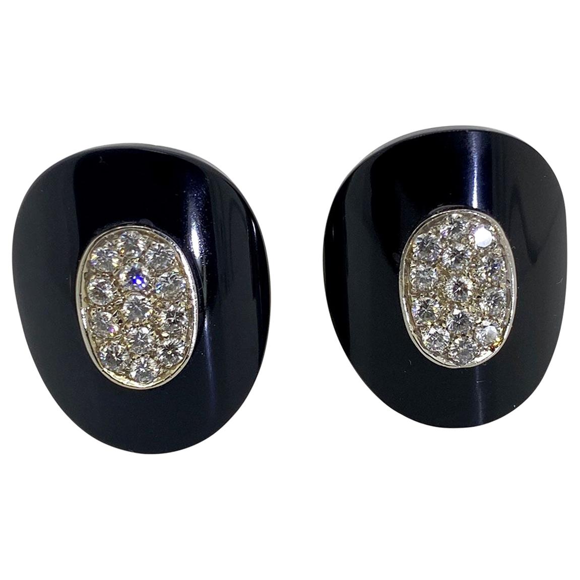 Van Cleef & Arpels Onyx Diamond 18 Karat Yellow Gold Ear Clips For Sale