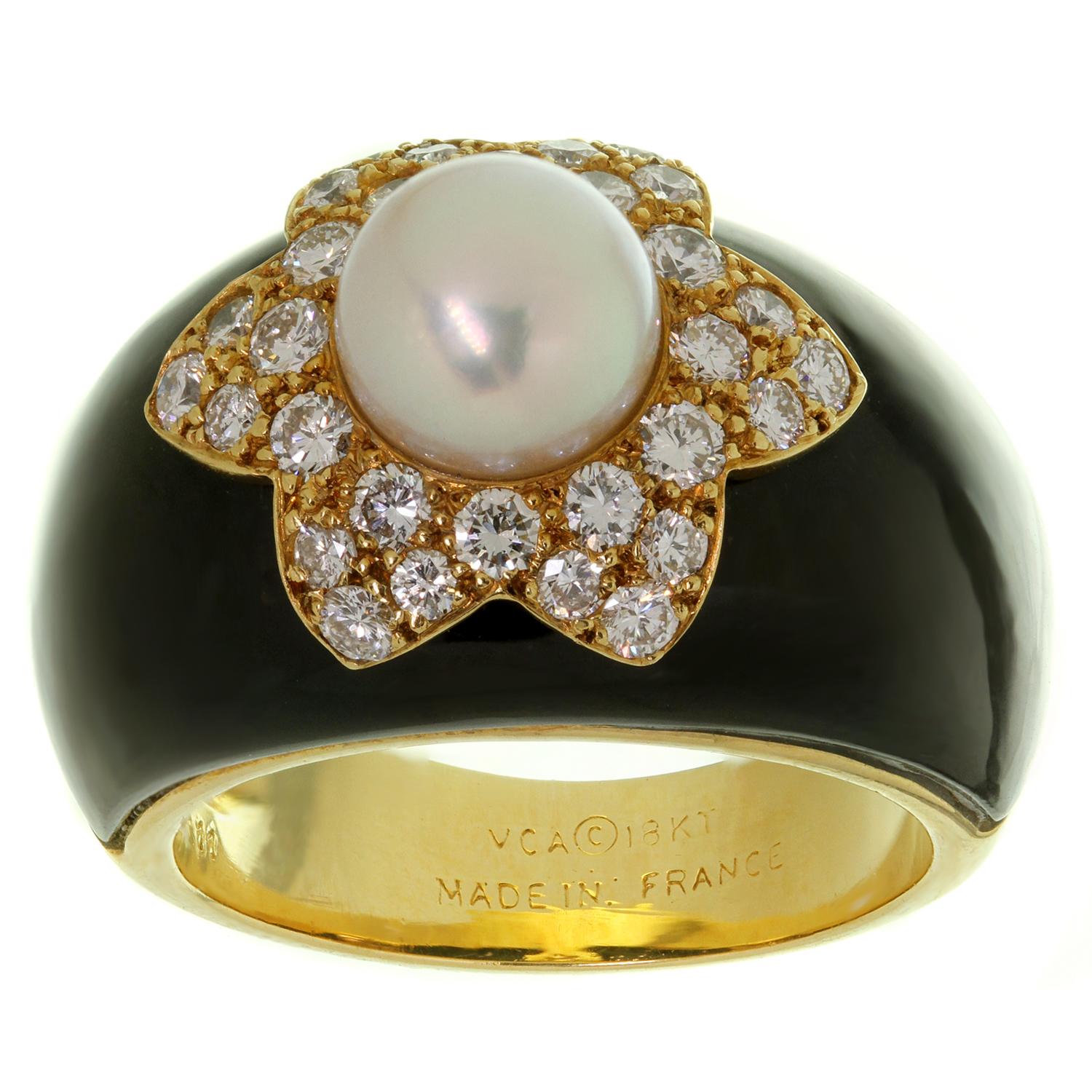 Van Cleef & Arpels Onyx Diamond Cultured Pearl Black Ring & Clip-On Earrings Set 2