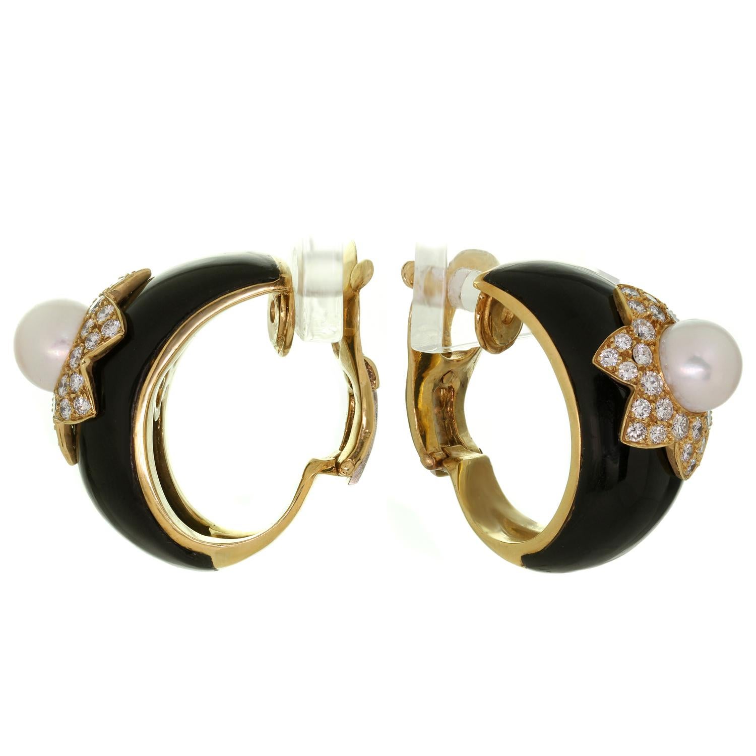 Van Cleef & Arpels Onyx Diamond Cultured Pearl Black Ring & Clip-On Earrings Set 3