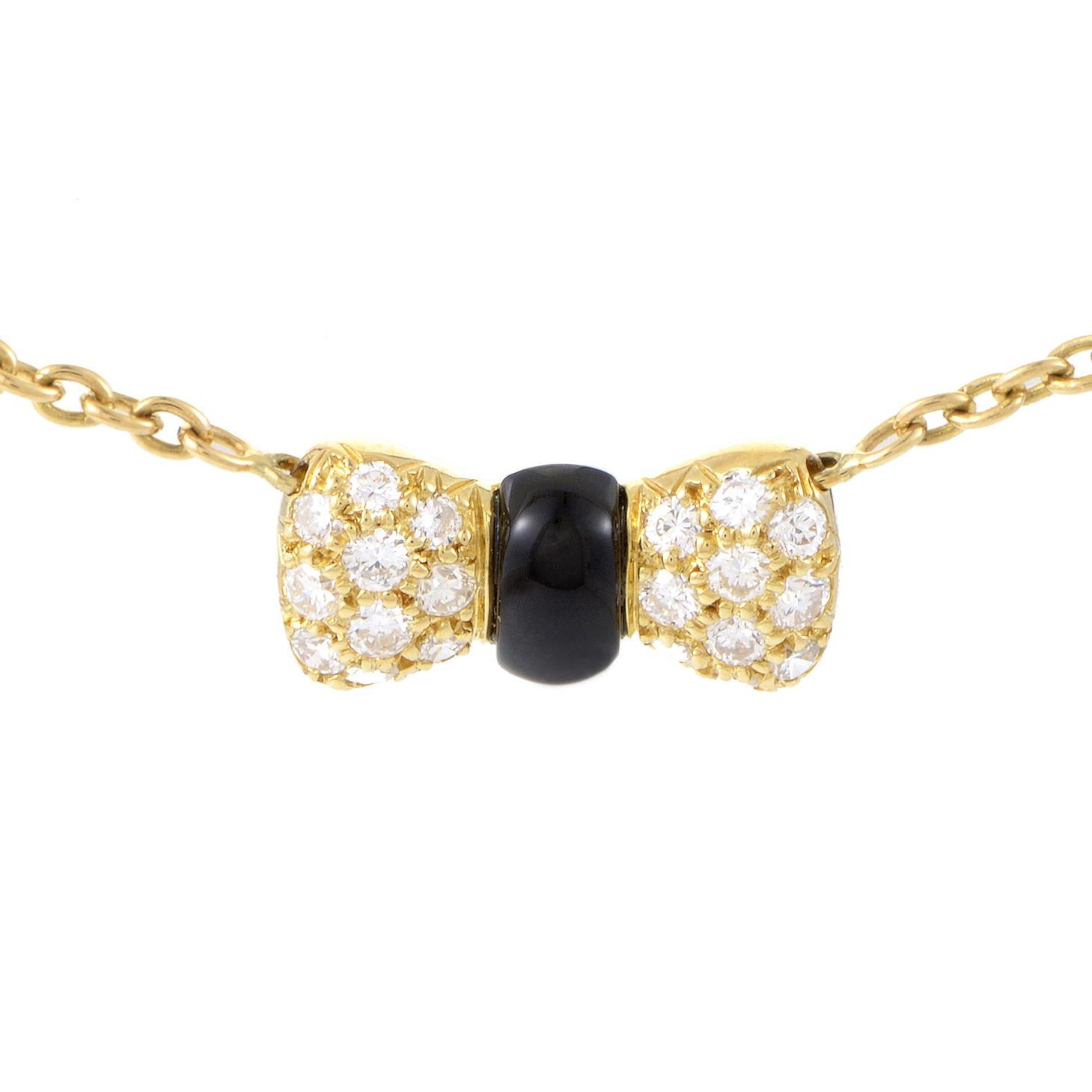 Women's Van Cleef & Arpels Onyx Diamond Gold Bow Pendant Necklace