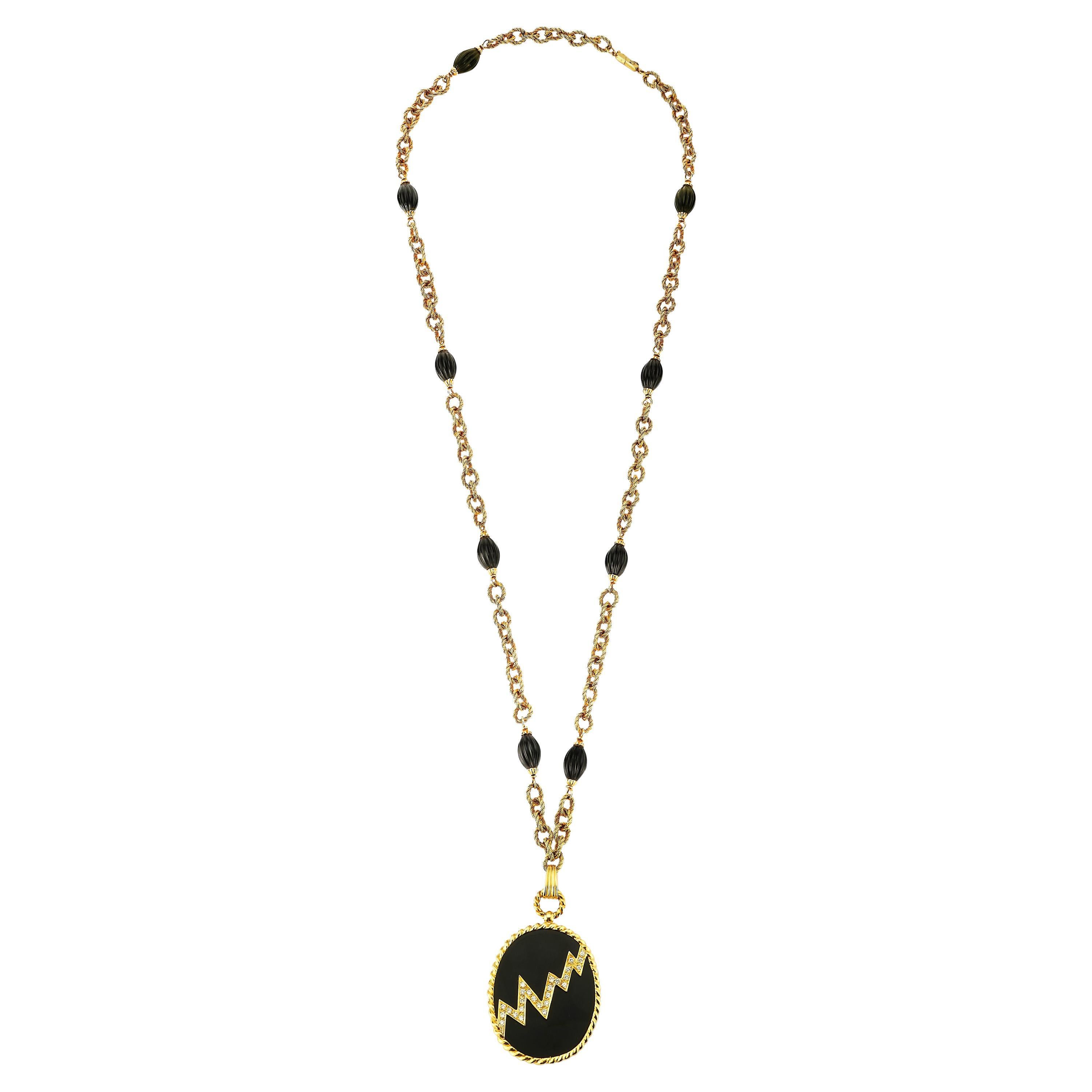 Van Cleef & Arpels Onyx & Diamond Sautoir Necklace For Sale