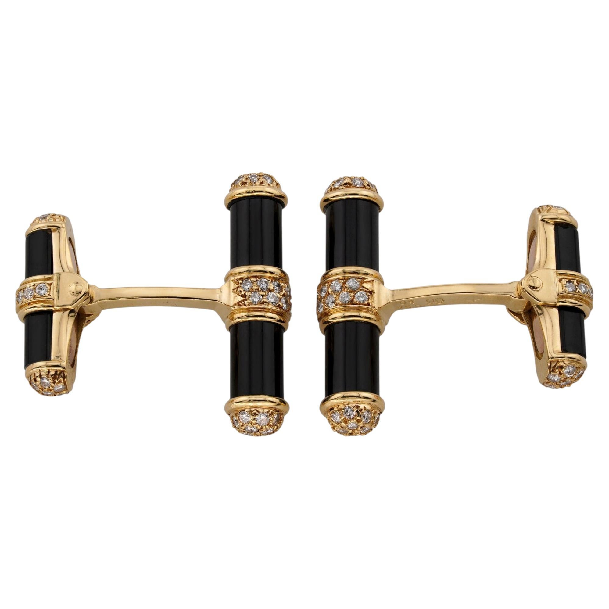 Van Cleef & Arpels Onyx Diamond Yellow Gold Bar Cufflinks