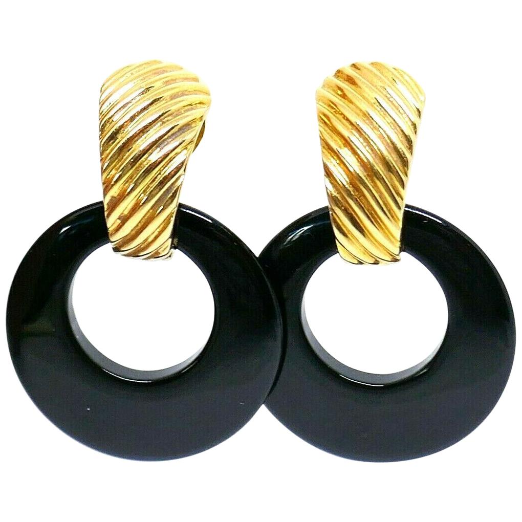 Van Cleef & Arpels Onyx Lapis Malachite Yellow Gold Door Knocker Earrings
