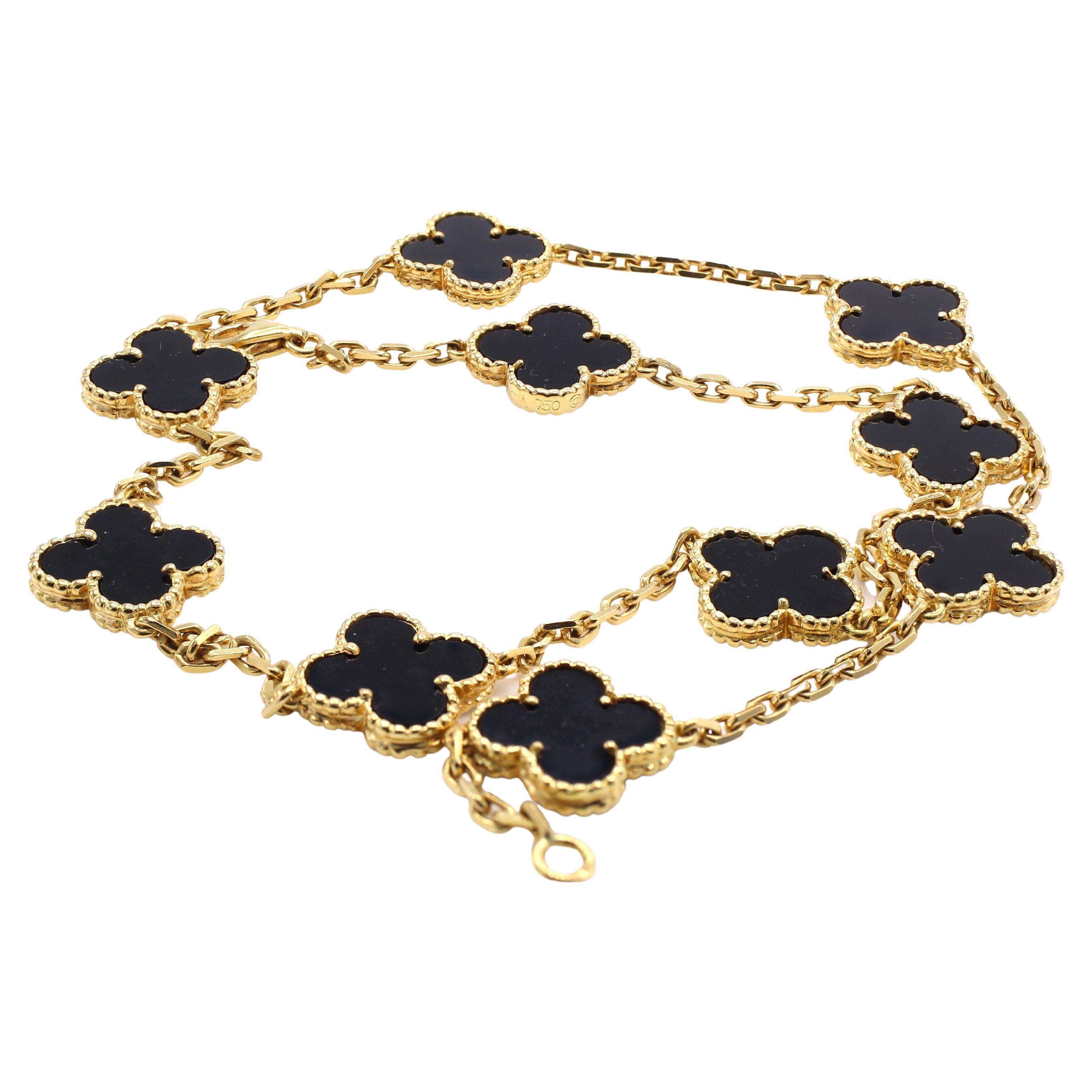 Van Cleef and Arpels Onyx Vintage Alhambra 18 Karat Gold Necklace at 1stDibs