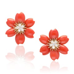 VAN CLEEF & ARPELS Orange Coral and Diamond Rose de Noël Brooch and Ear Clips