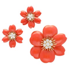 VAN CLEEF & ARPELS Orange Coral and Diamond Rose de Noël Brooch and Ear Clips