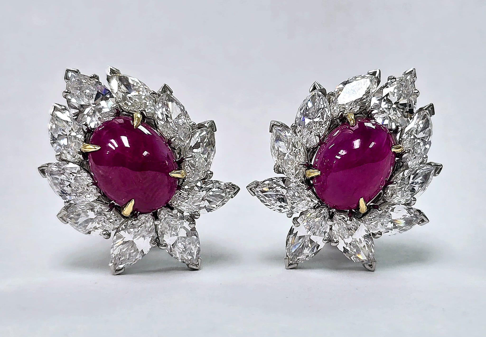 VCA Original Platinum earrings featuring center 10.00 cts Unheated cabochon rubies oval shape. Platinum and 18 kt yellow gold prongs set with 20 marquise cut diamonds EF color  VVS/VS clarity 12 cts total (Van Cleef & Arpels No#56026 and GRS