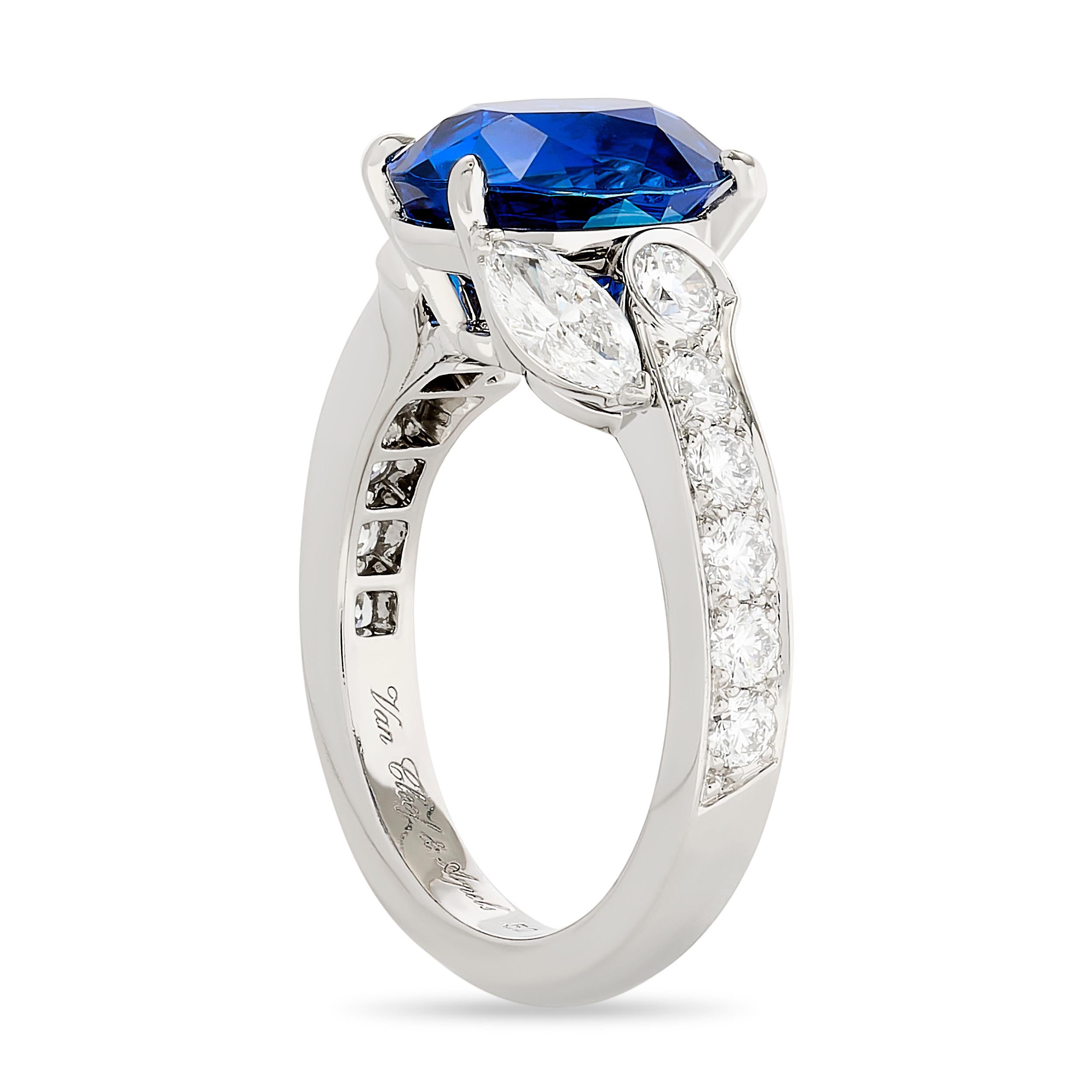 Behold the beauty of this Van Cleef and Arpels sapphire and diamond bypass ring, where sophistication intertwines with brilliance.

The oval sapphire weighs approximately 3.89 carat. The 2 marquise and 13 round diamonds weigh a total of 1.20 carat,