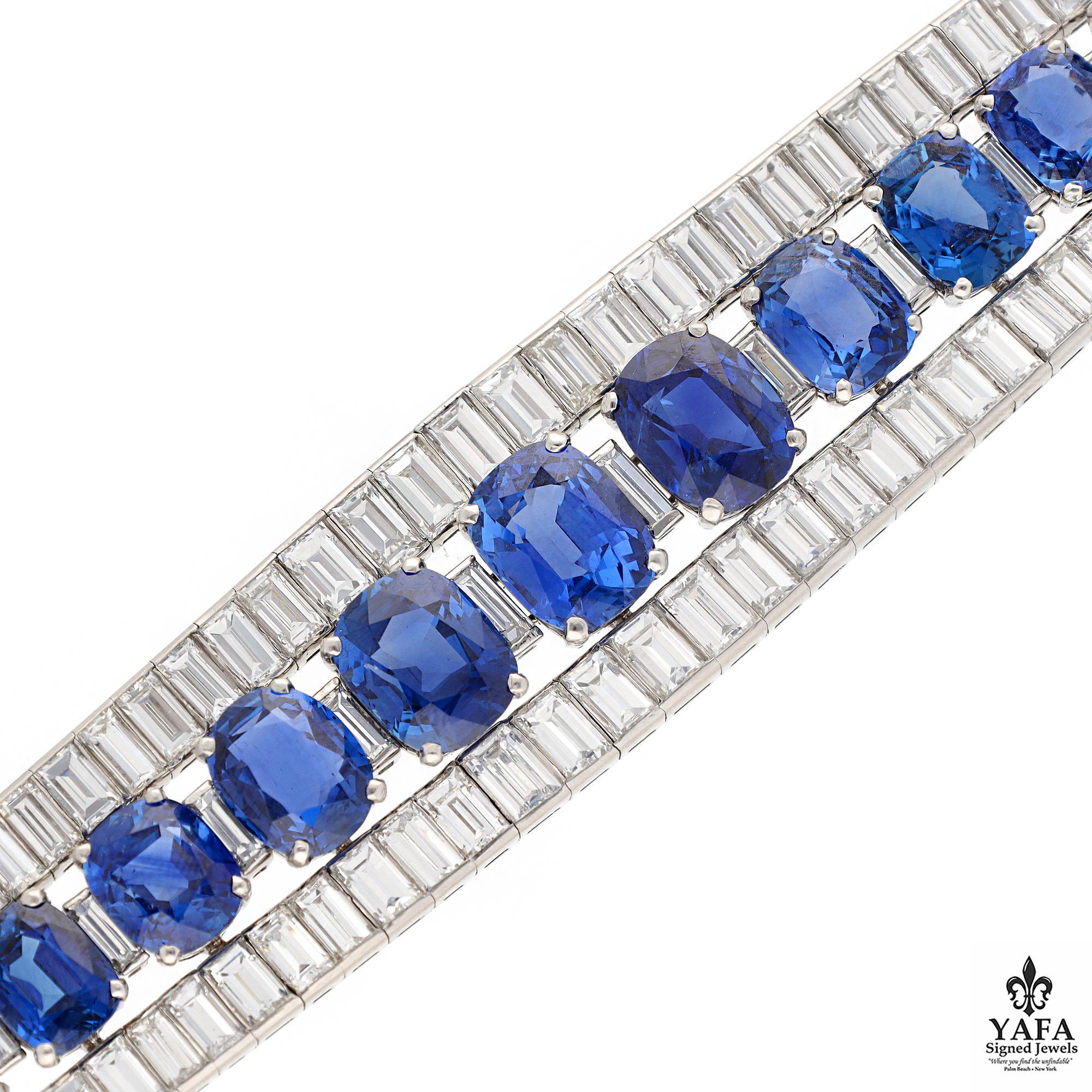 Van Cleef & Arpels Bracelet of Oval Sapphires Surrounded by Baguette Diamonds Which Embrace the Sapphires. 15 Oval No Heat Sapphires Consisting of, 6 - Kashmir, 8- Burma, 1 - Ceylon. Total Sapphire Weight 51.64 CTS, 137 Baguette Cut Diamonds. Total