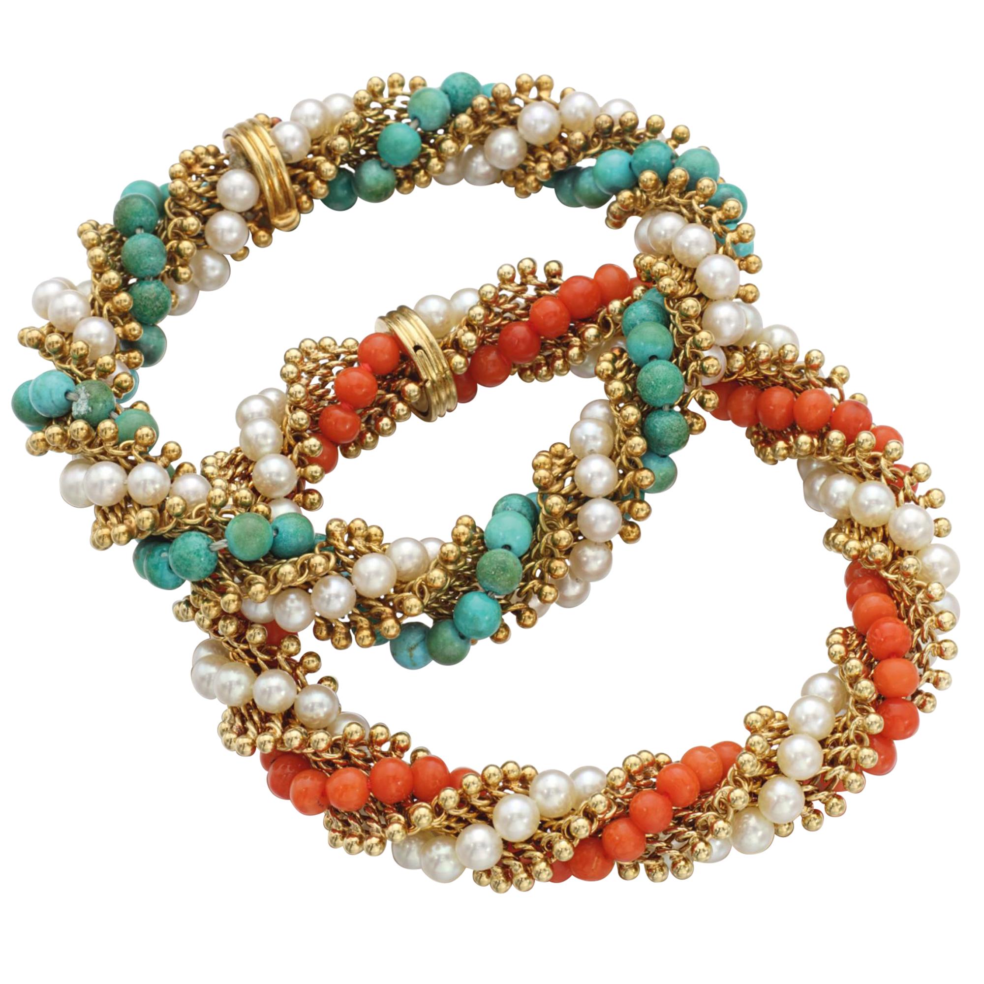 Van Cleef & Arpels Pair of Cultured Pearl, Coral, Turquoise Twist Bracelets For Sale