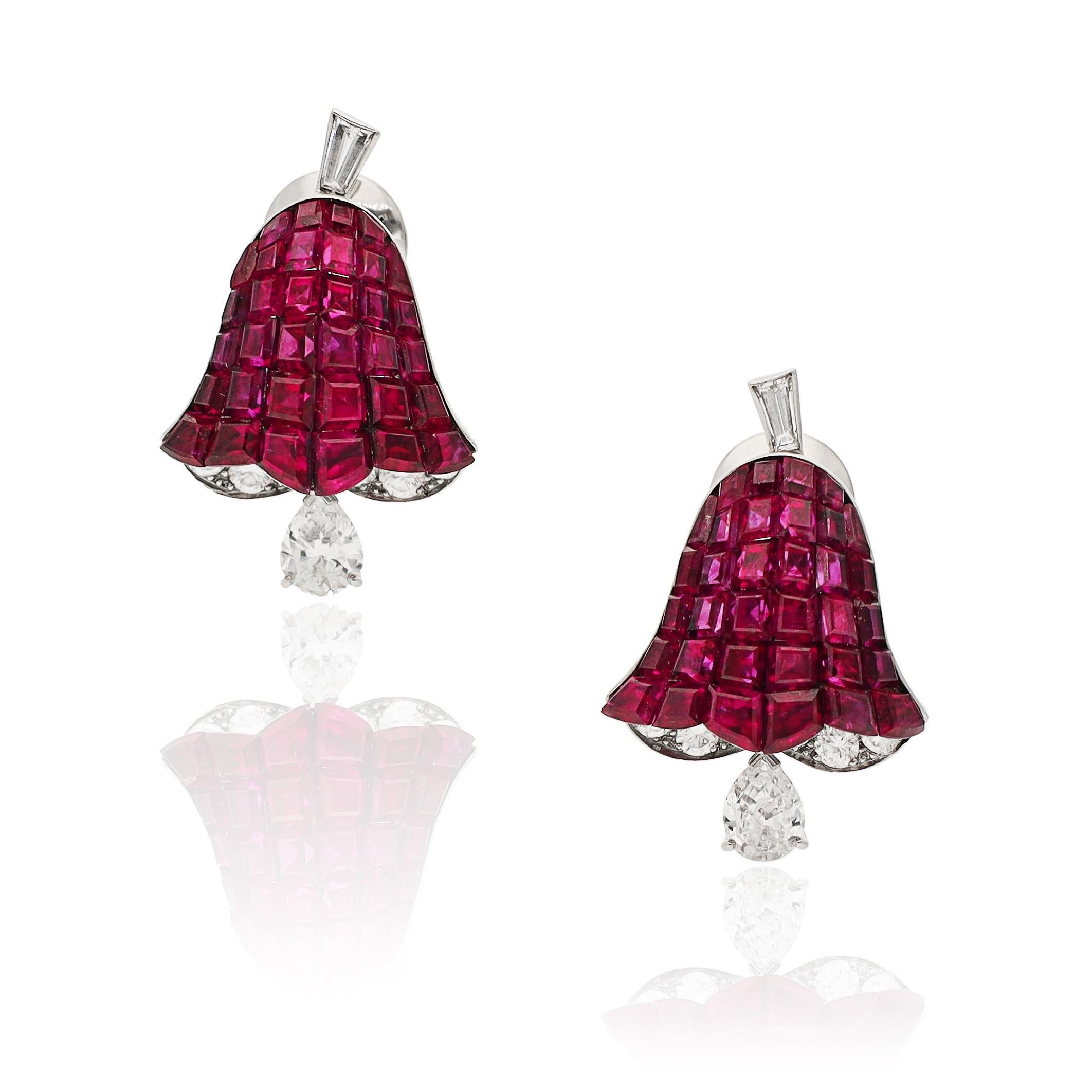 Square Cut VAN CLEEF & ARPELS Pair of Mystery-Set Ruby and Diamond Ear Clips, France For Sale