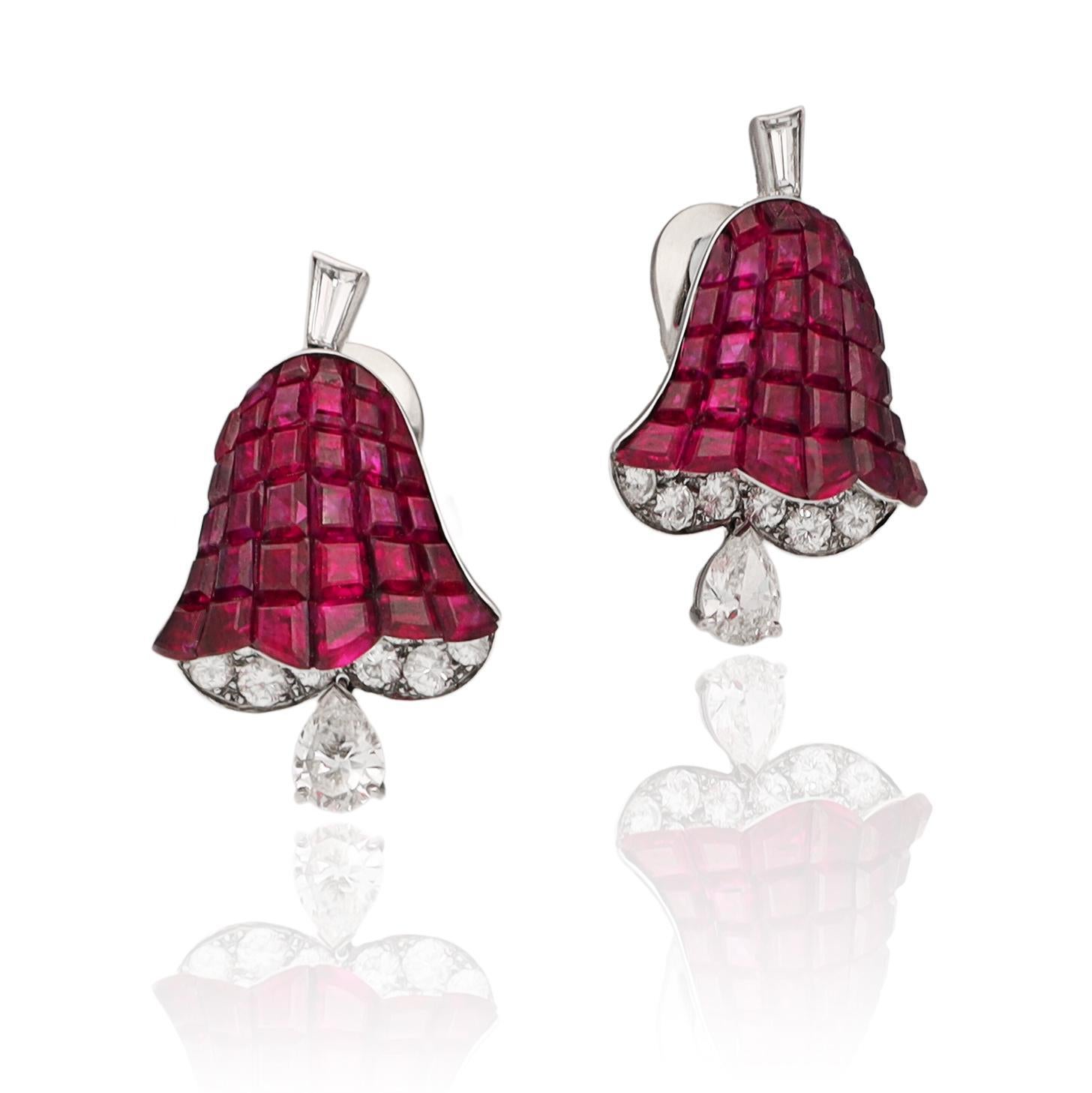 Women's or Men's VAN CLEEF & ARPELS Pair of Mystery-Set Ruby and Diamond Ear Clips, France For Sale