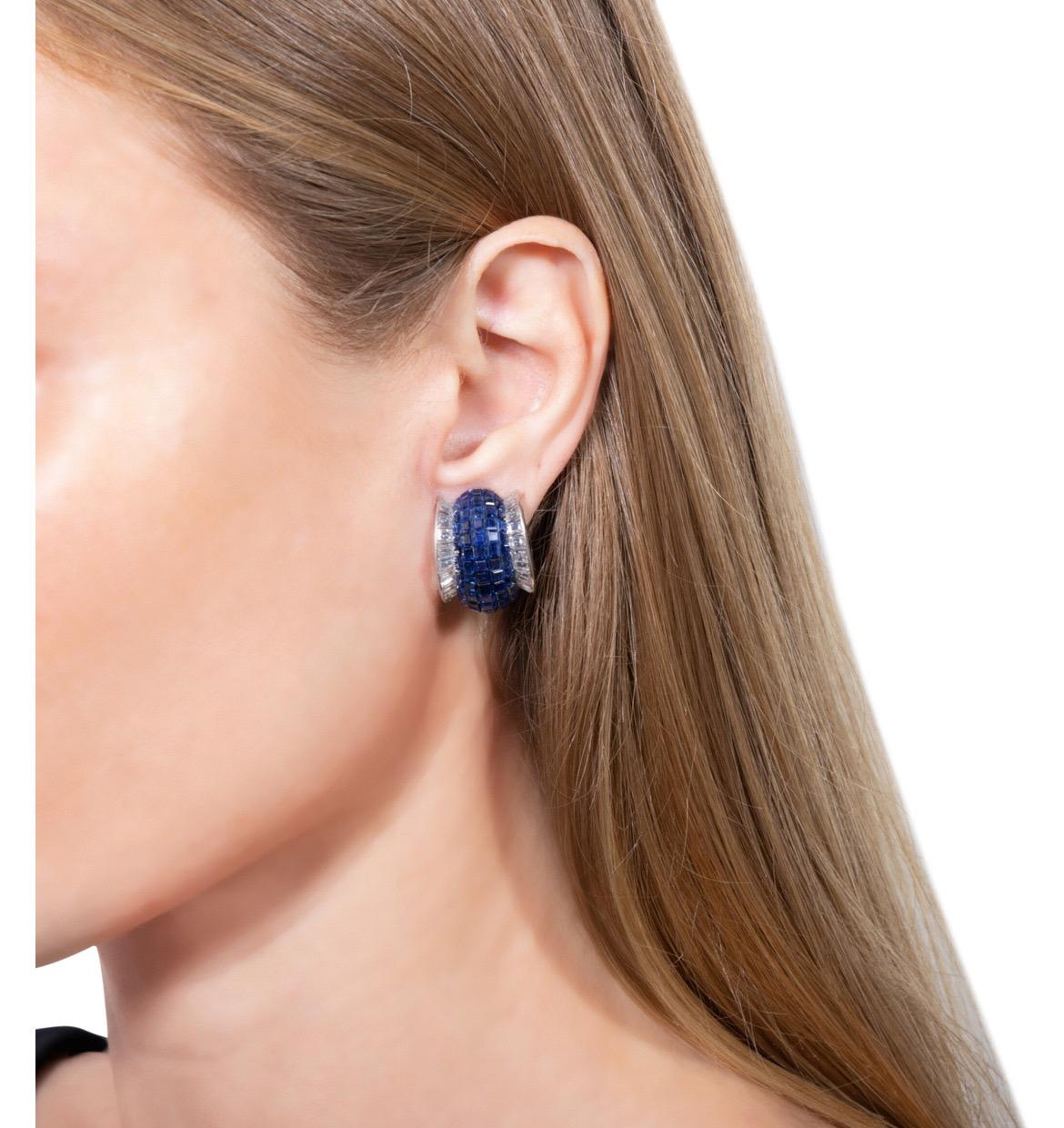 French Cut Van Cleef & Arpels pair of Sapphire and Diamond 'Mystery-Set' Earclips For Sale