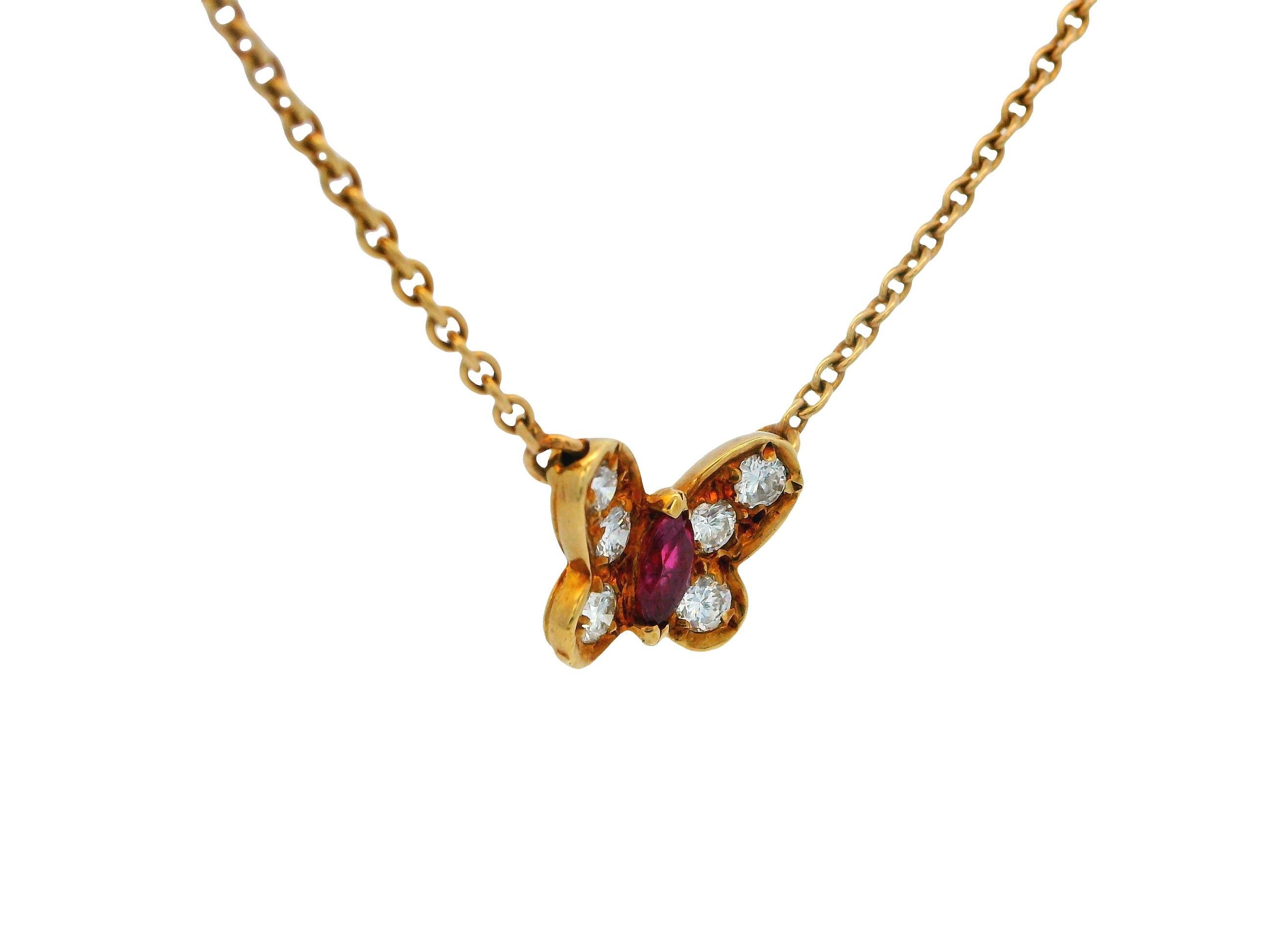 Round Cut Van Cleef & Arpels Papillon Ruby Diamond 18K Yellow Gold Necklace For Sale