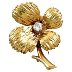 Vintage Van Cleef & Arpels Paris 18k Yellow Gold & Diamond 4 Leaf Clover Clip Brooch
