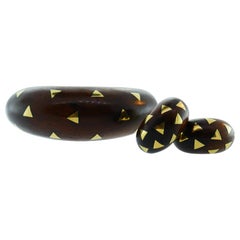 Van Cleef & Arpels Paris 18k Yellow Gold & Rosewood Cuff Bracelet & Earrings Set