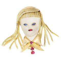 Van Cleef & Arpels Paris 18k YG, Rock Crystal, Sapphire & Ruby Girl Brooch Rare