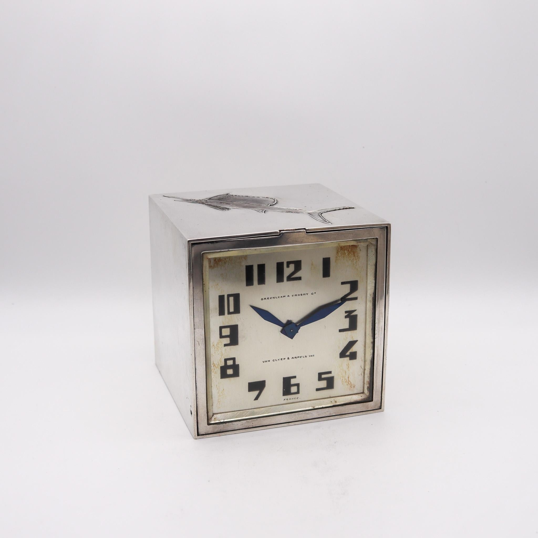 An art deco mechanical box clock designed by Van Cleef & Arpels.

This is an extremely rare multifunctional desk piece, created in Paris France during the art deco period by the jewelry house of Van Cleef & Arpels back in the 1930's. This amazing