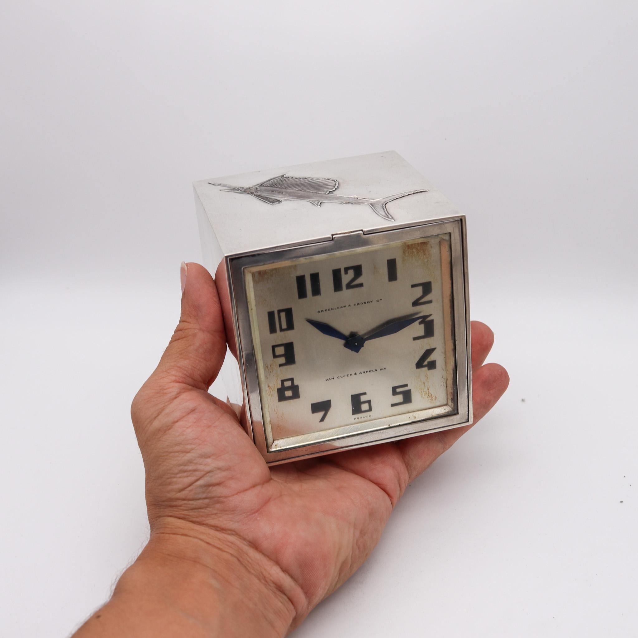 Mid-20th Century Van Cleef & Arpels Paris 1932 Art Deco Mechanical Desk Clock Box Sterling Silver For Sale