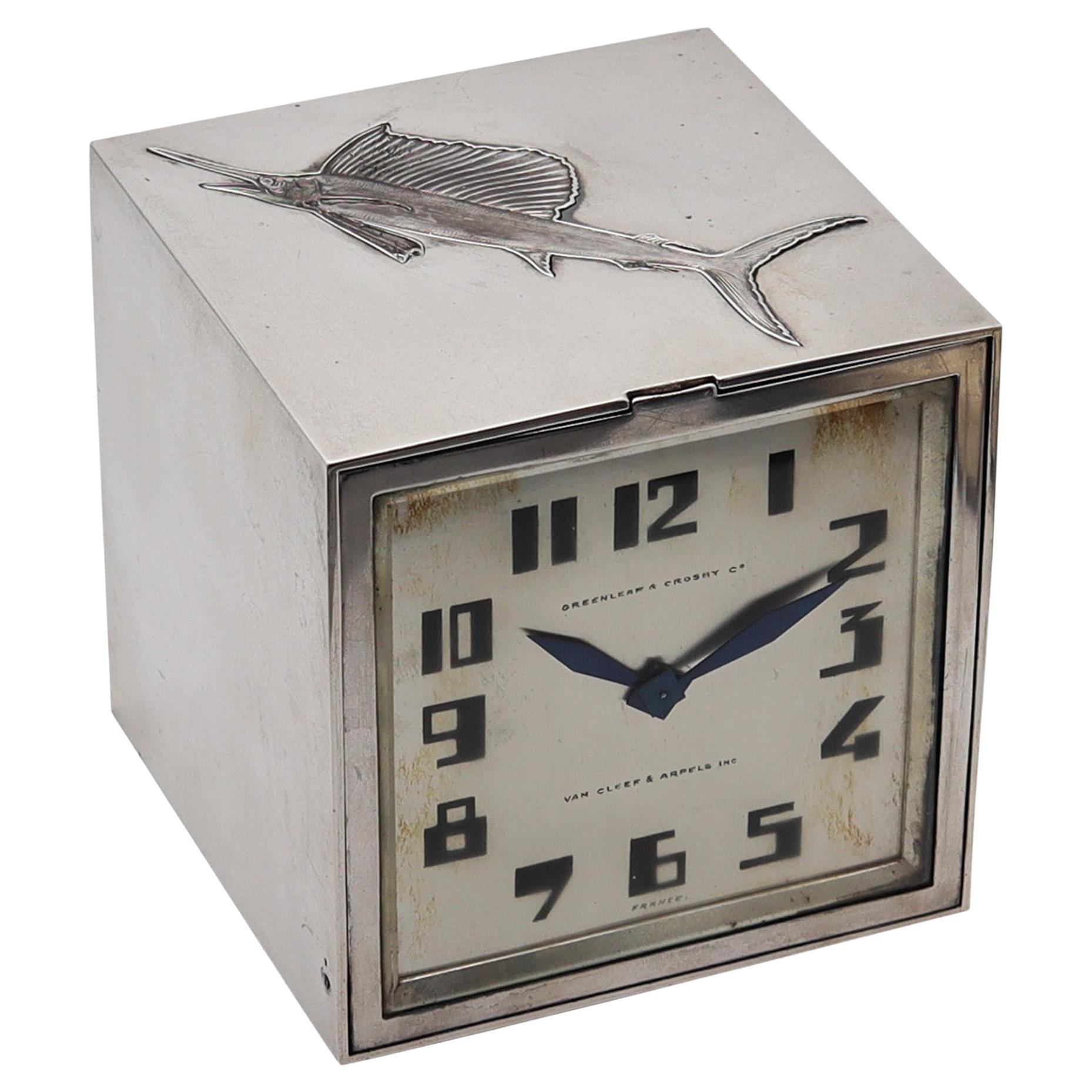 Van Cleef & Arpels Paris 1932 Art Deco Mechanical Desk Clock Box Sterling Silver For Sale