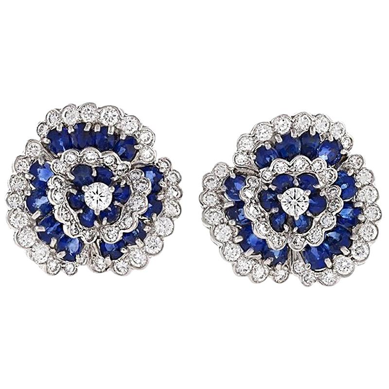 Van Cleef & Arpels Sapphire and Diamond “Camellia” Earrings 