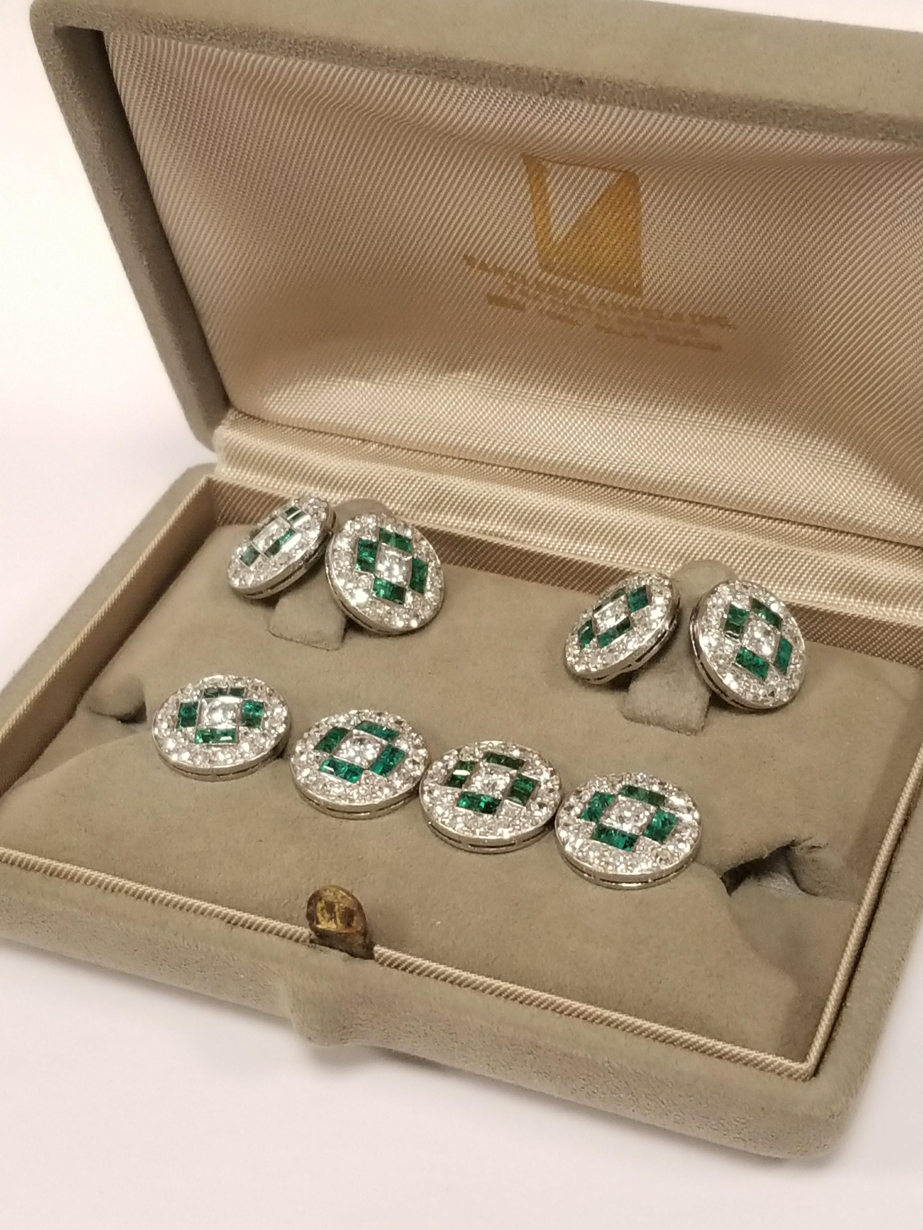 Men's Van Cleef & Arpels Paris Art Deco Diamond Emerald Platinum and Gold Dress Set