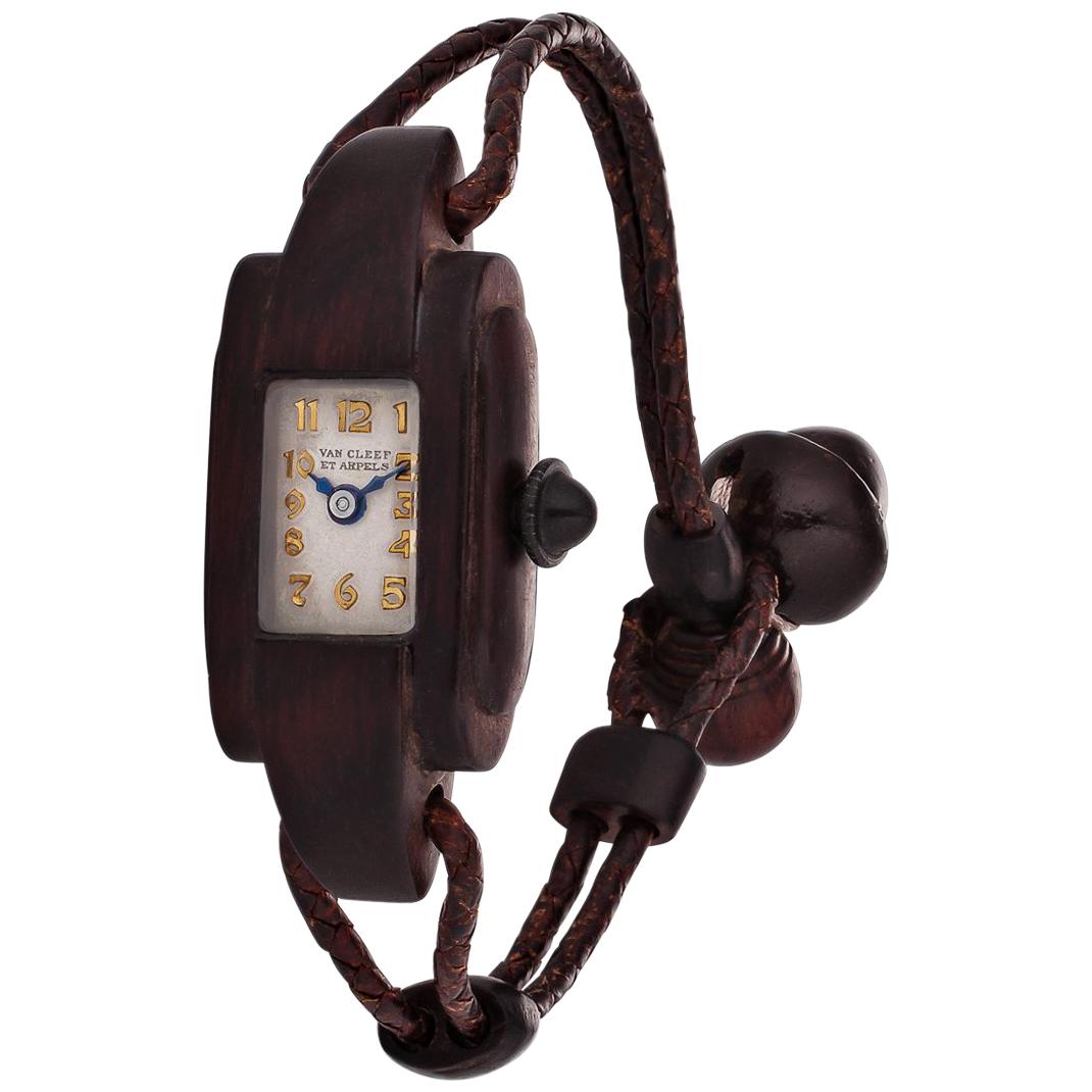 Van Cleef & Arpels Paris Art Deco Rosewood and Leather Manual Wristwatch