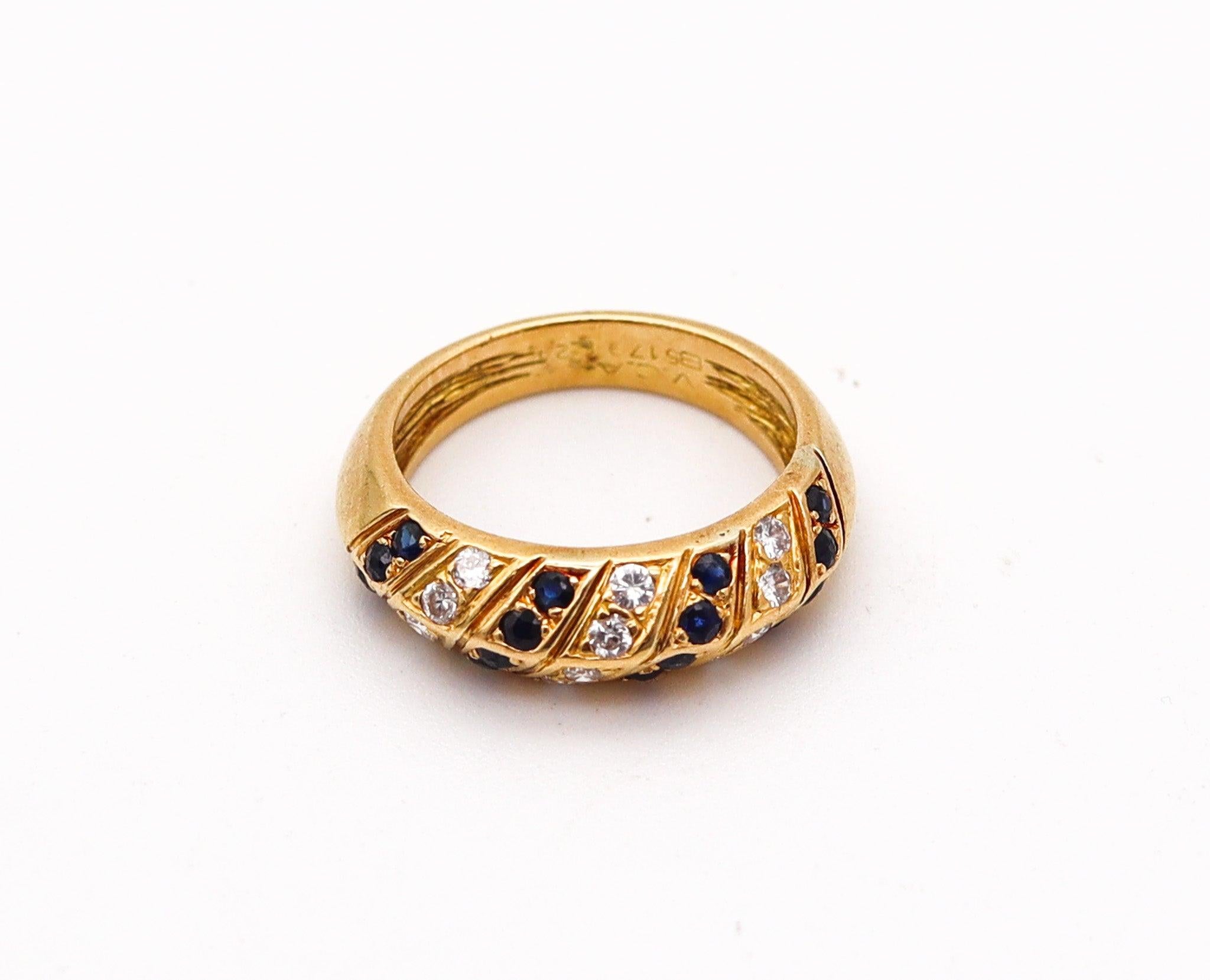 Modernist VAN CLEEF & ARPELS Paris Band Ring In 18Kt Gold With Diamonds And Sapphires For Sale