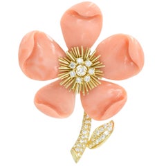 Van Cleef & Arpels Paris "Clematis" Coral Diamond Gold Brooch