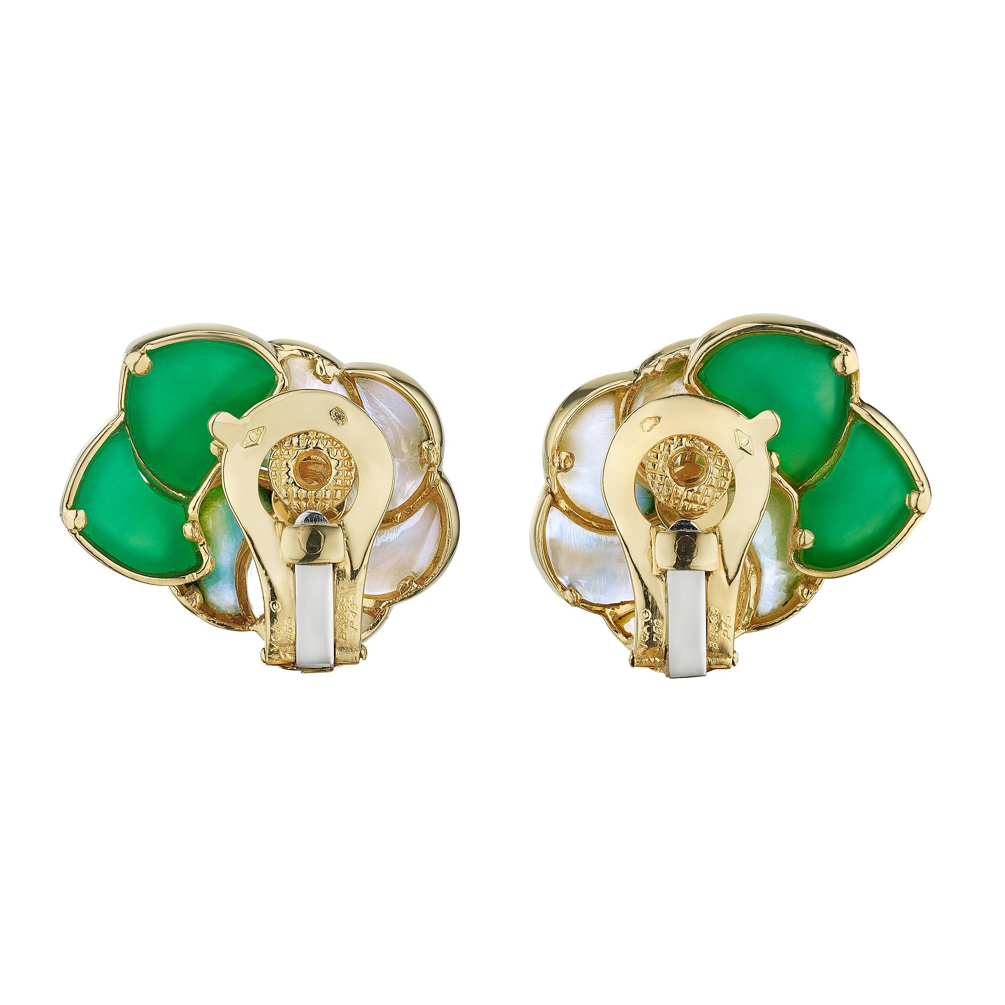 Unfolding like a prized gardenia flower, these vintage Van Cleef & Arpels Paris floral clip earrings will always keep you surrounded with the glorious scent of summer.  With luscious deep green chrysoprase leaves, two dimensional mother-of-pearl