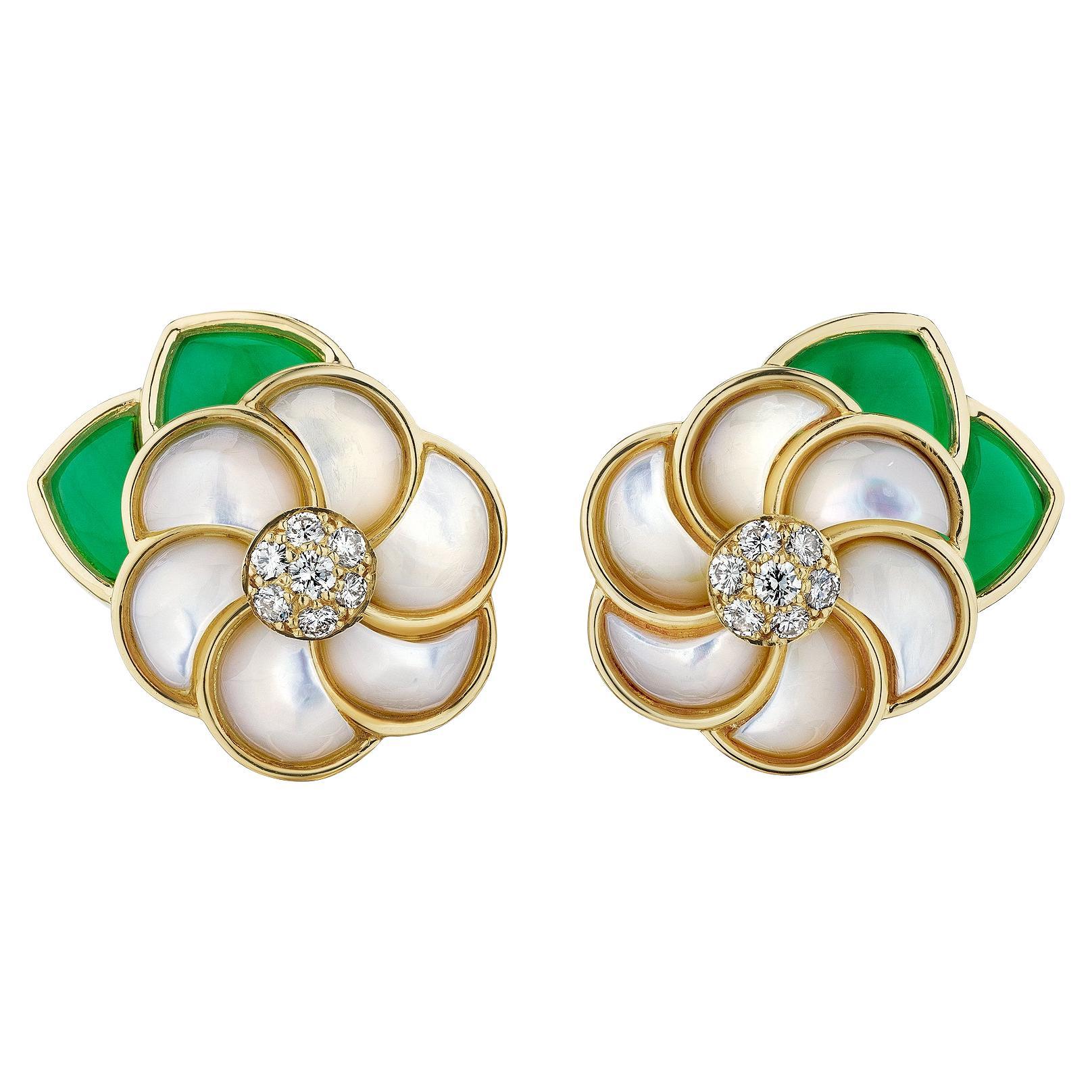 Van Cleef & Arpels Paris Diamond Mother-of-pearl Chrysoprase Gardenia Earrings