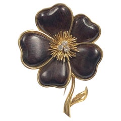 Vintage Van Cleef & Arpels Paris Large Yellow Gold Wood and Diamond Flower Brooch