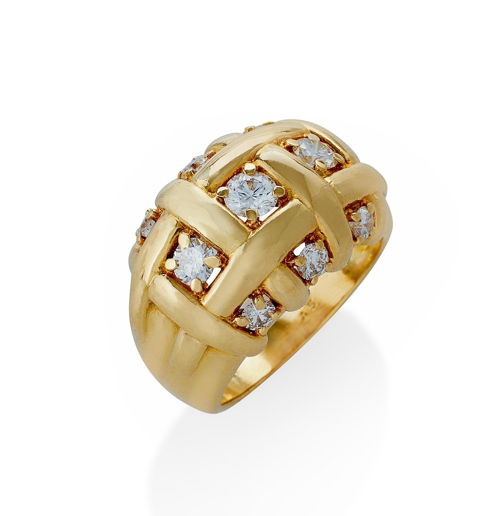 This chic 18K gold and diamond mid-century ring was created by Van Cleef & Arpels Paris circa 1950-1960. Within a frame of criss-crossing gold bands are nine bead-set round-cut diamonds. With its bombé form and soft contours, this stylish ring works