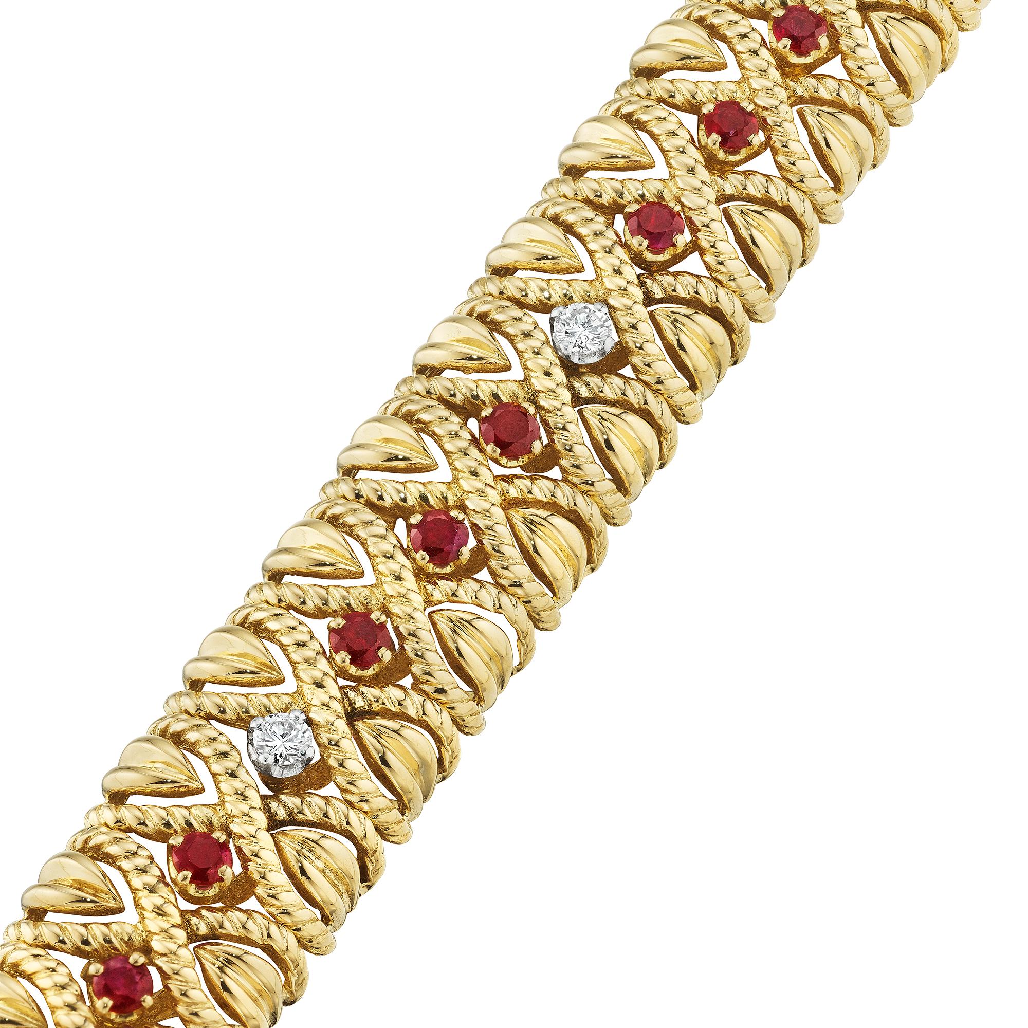 Modern Van Cleef & Arpels Paris Mid-Century Ruby Diamond Gold 'X' Bracelet