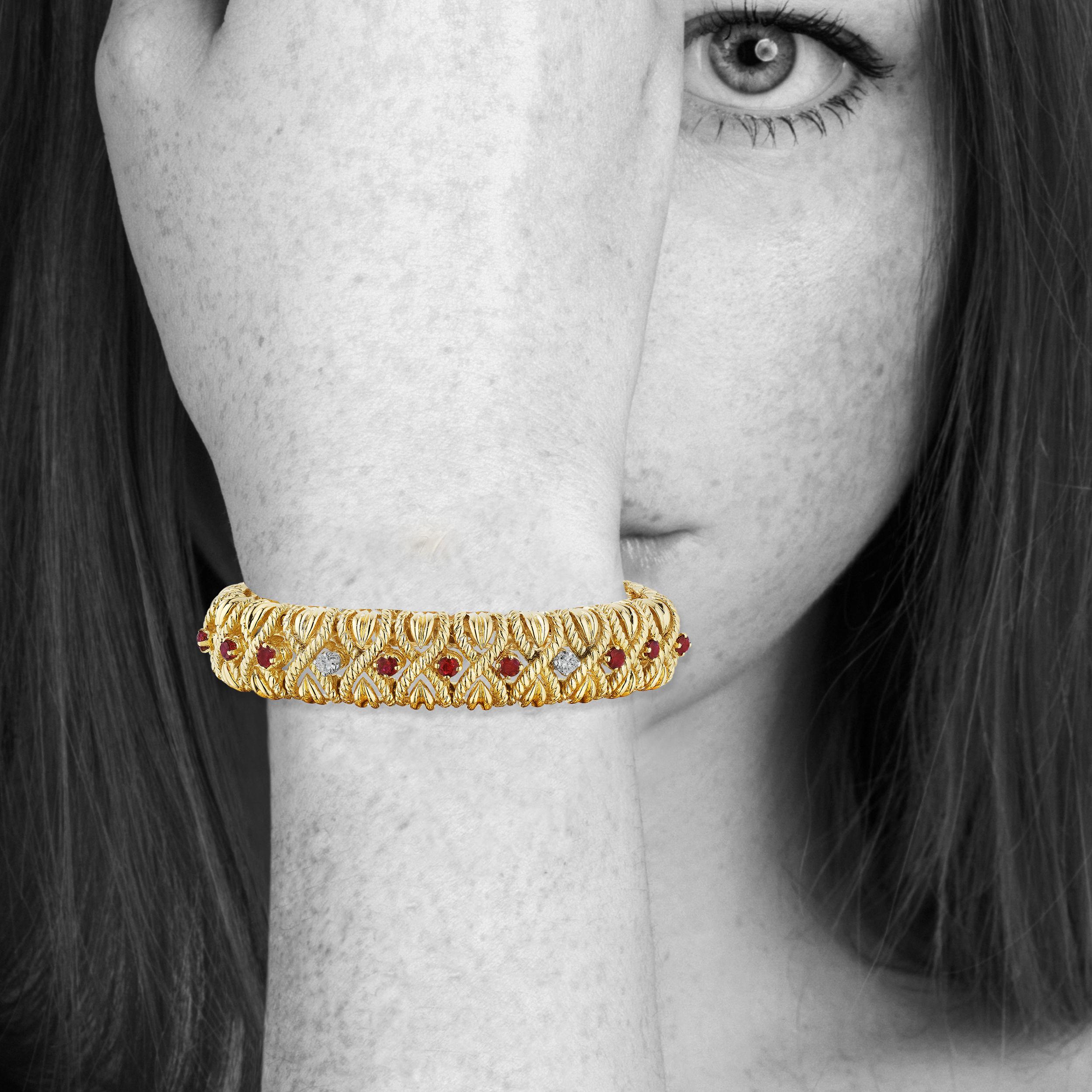 Women's Van Cleef & Arpels Paris Mid-Century Ruby Diamond Gold 'X' Bracelet