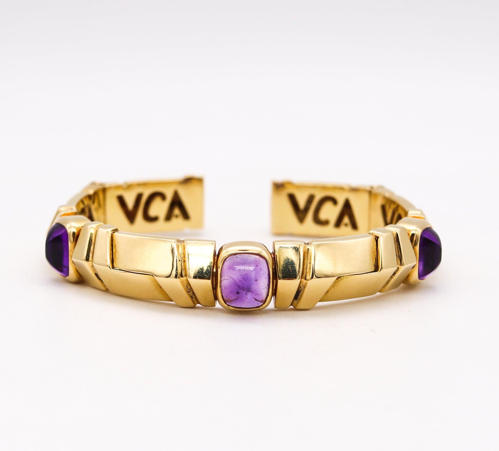 Cuff bracelet designed by Van Cleef & Arpels.

A youthful and colorful cuff bracelet created in Paris France by the iconic jewelry house of Van Cleef & Arpels, back in the late 1980's. This rare cuff bracelet has been crafted with modernist patterns